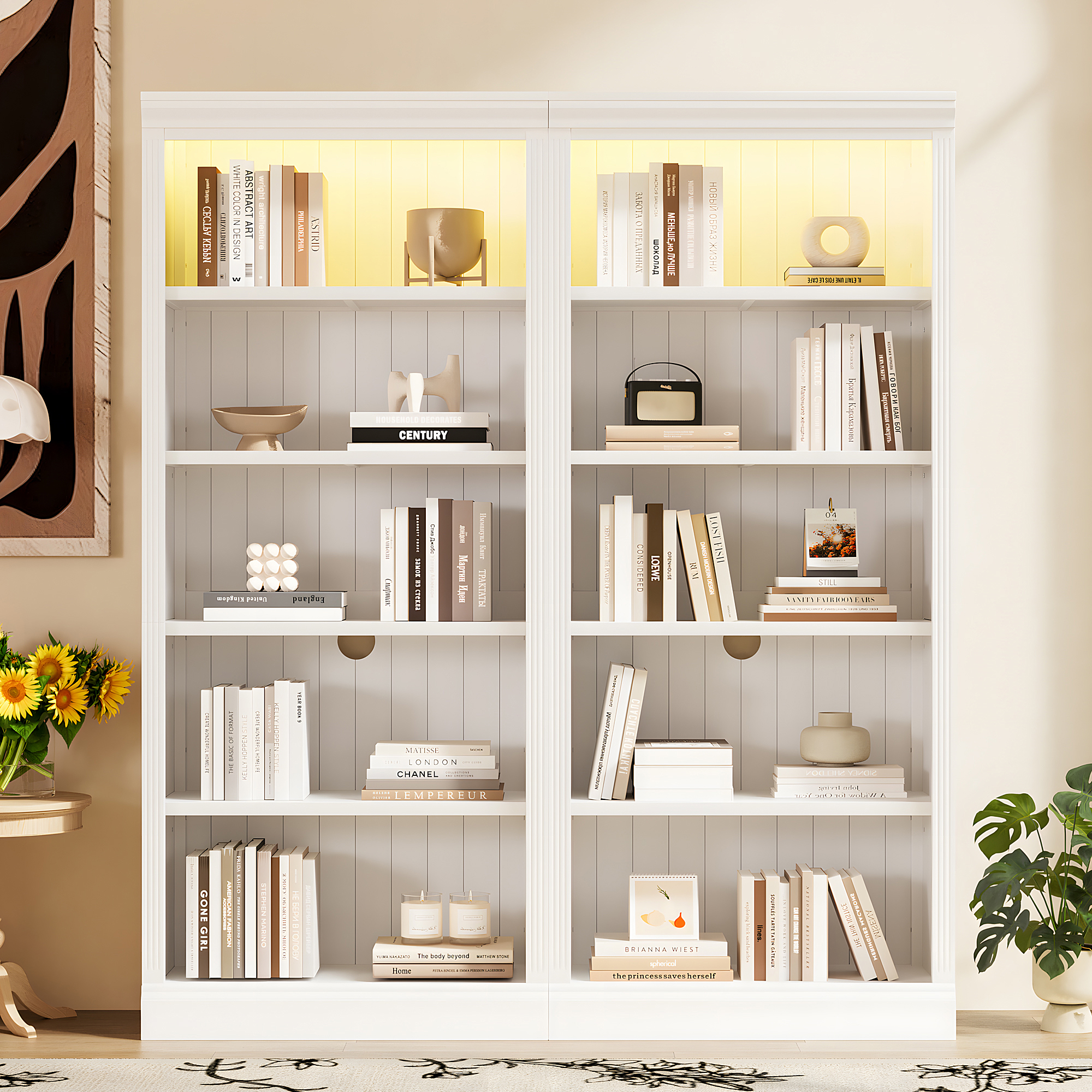 83 Tall Wood Bookcase Suite With Light Strip ,5-Tier Decor Bookcase Suite With Adjustable Shelves,Storage Organizer,Free Standing Storage Shelves Suite For Living Room,Home Office,White