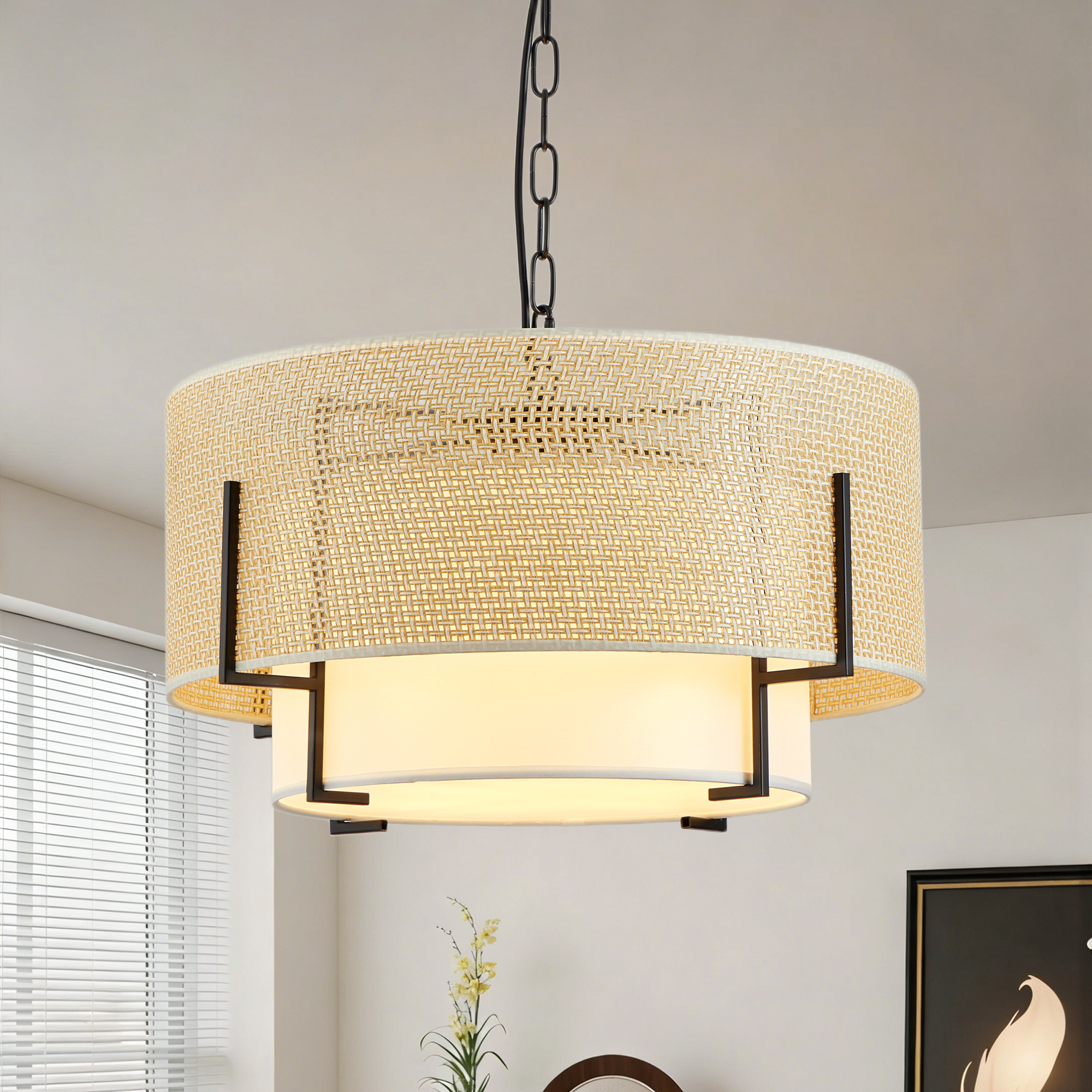 Lámpara de araña rústica boho de 19.7 pulgadas, 4 luces, ratán tejido a mano, pantalla de tela.