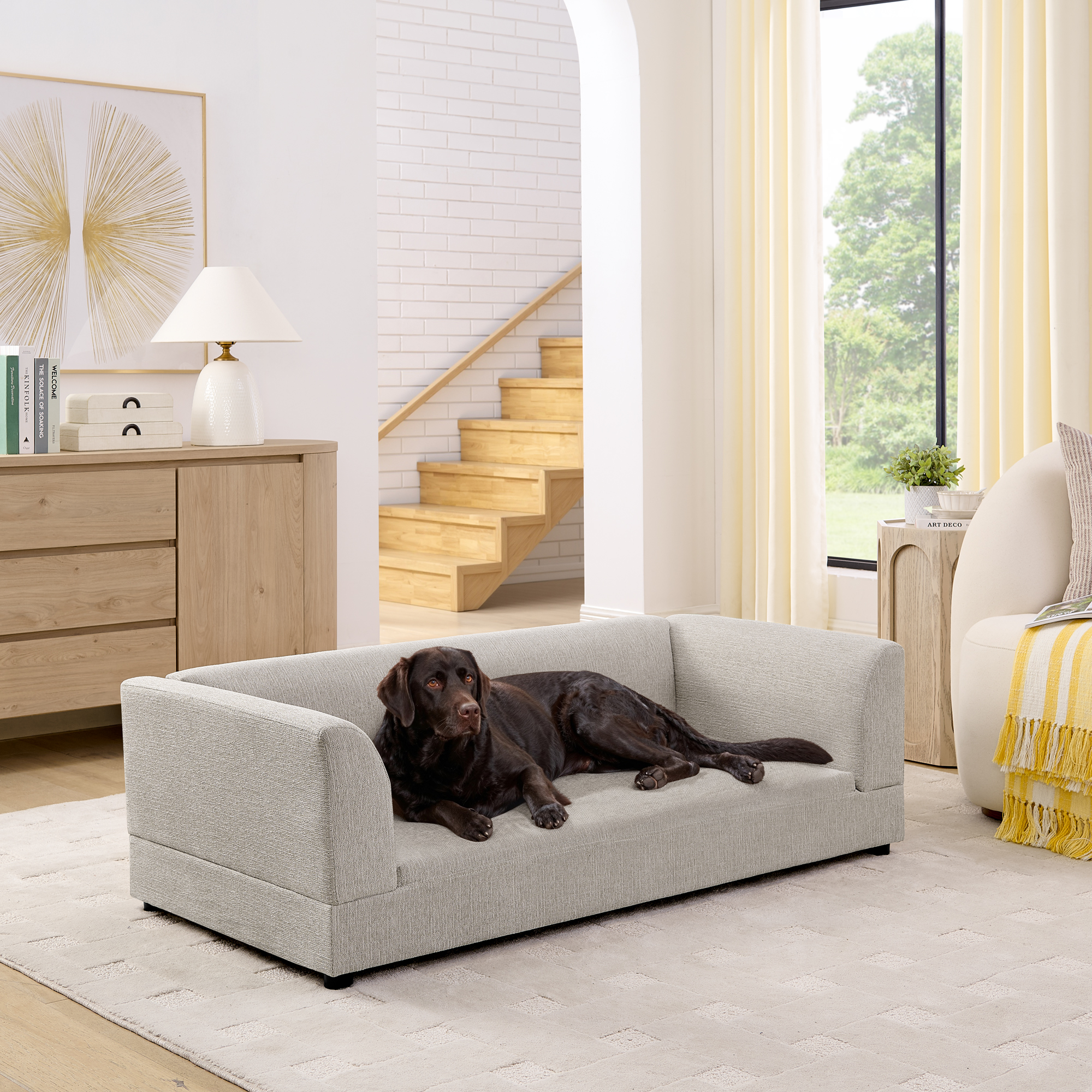 Sofá Grande para Mascotas, Diseño Rectangular Moderno, Respaldo y Cojín Suave, Beige