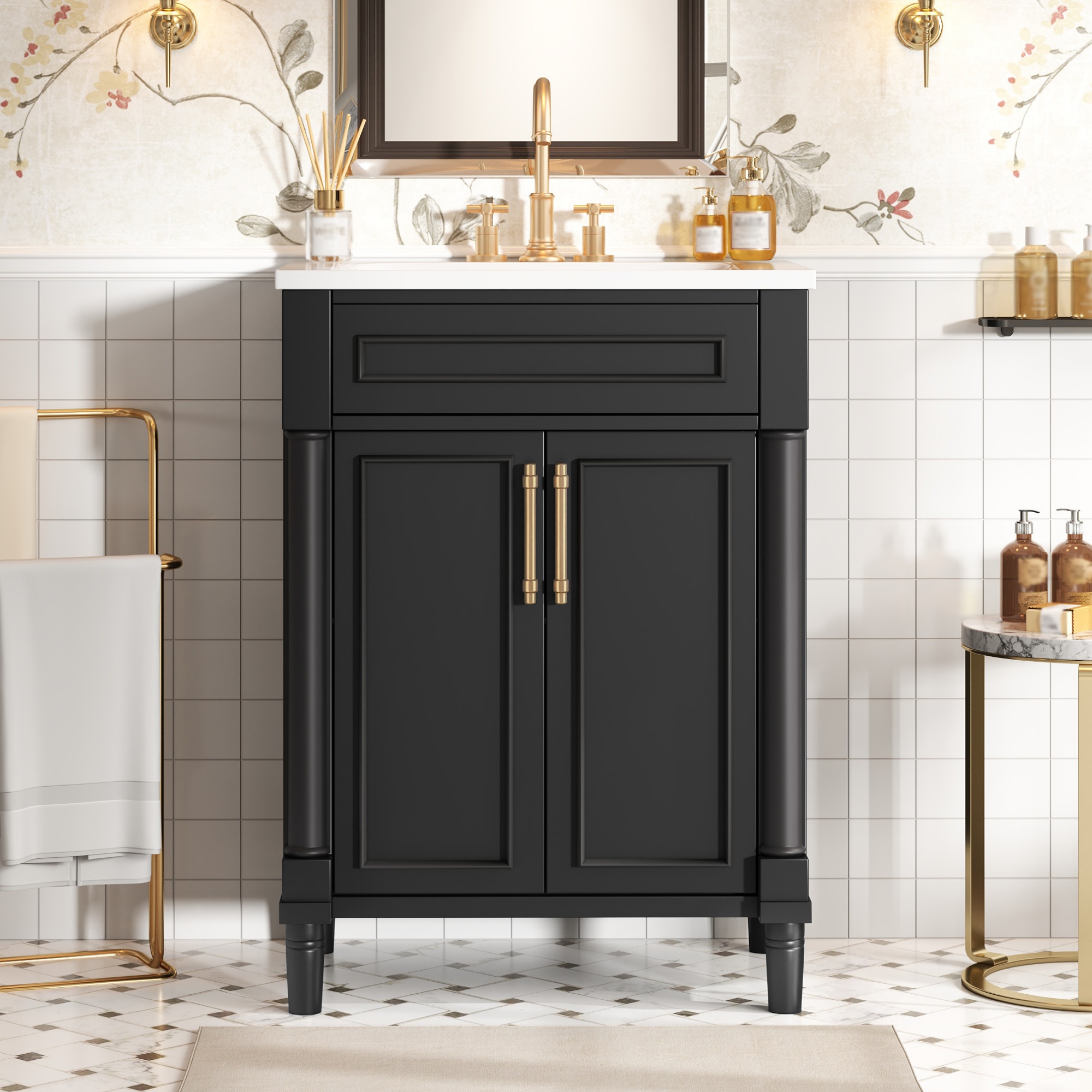 Tocador de baño de 24 pulgadas con lavabo cerámico integrado y 2 puertas