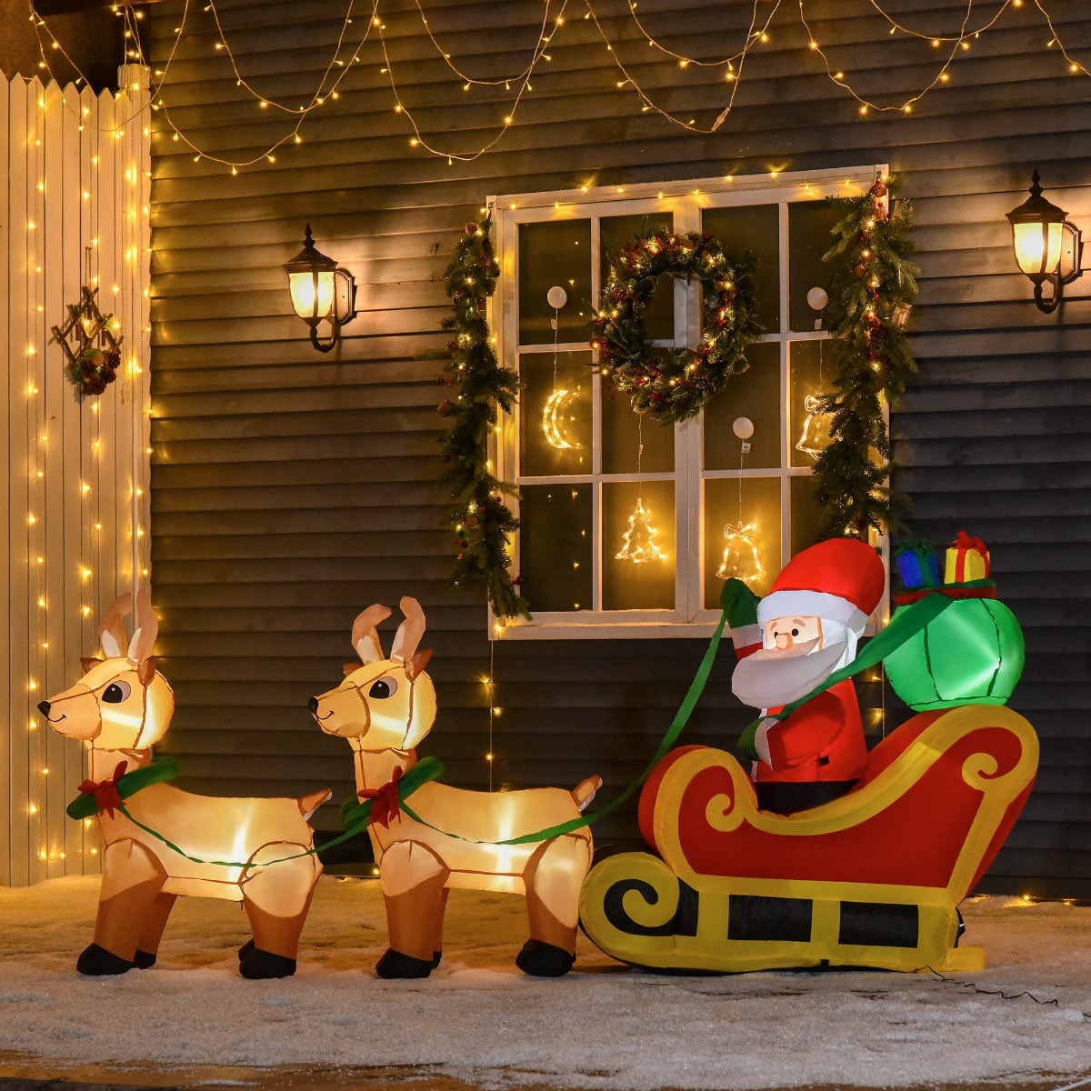 Inflable navideño de 8 pies: Santa Claus, trineo y renos, con luces LED