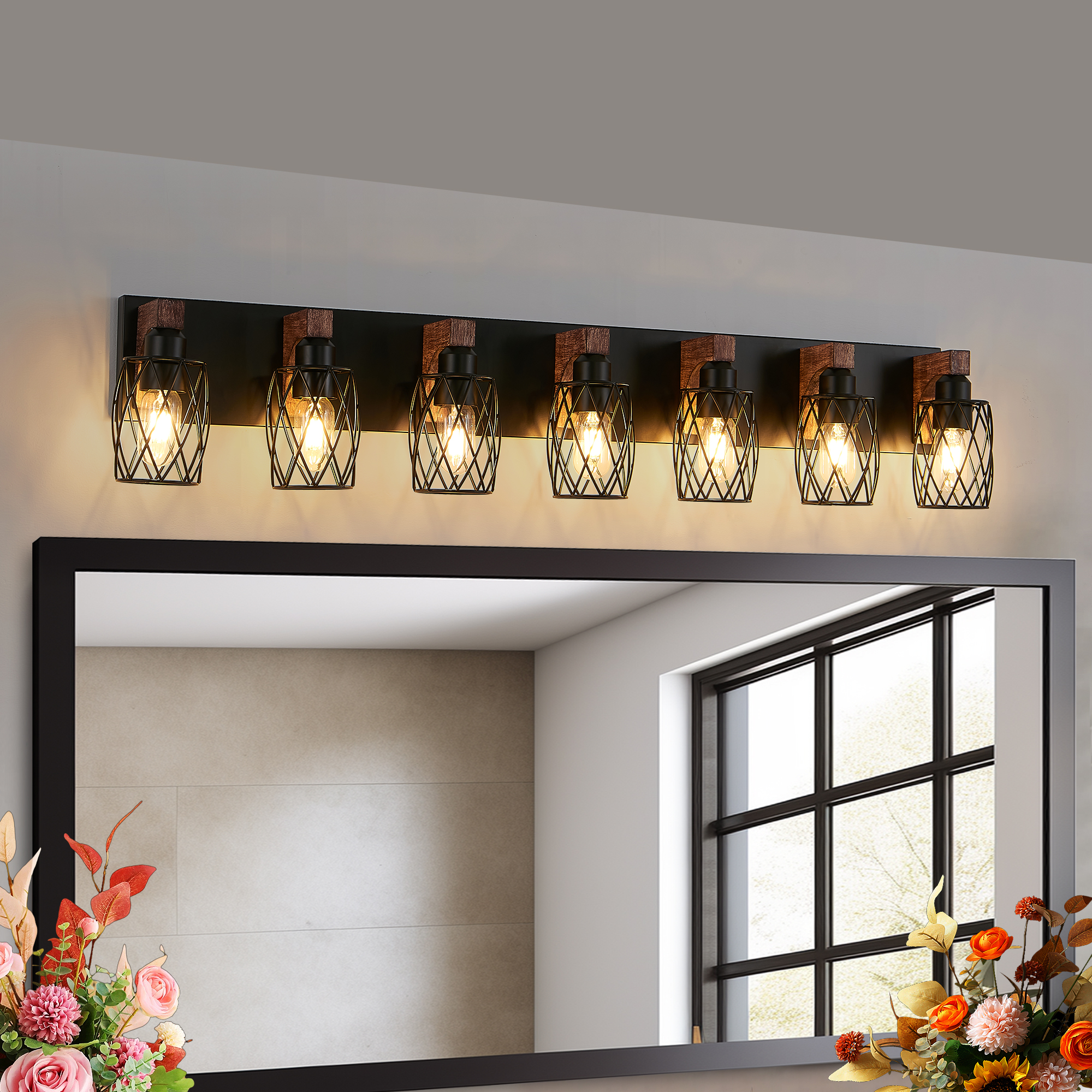 Aplique de pared industrial vintage de 7 luces, jaula negra, detalles de madera