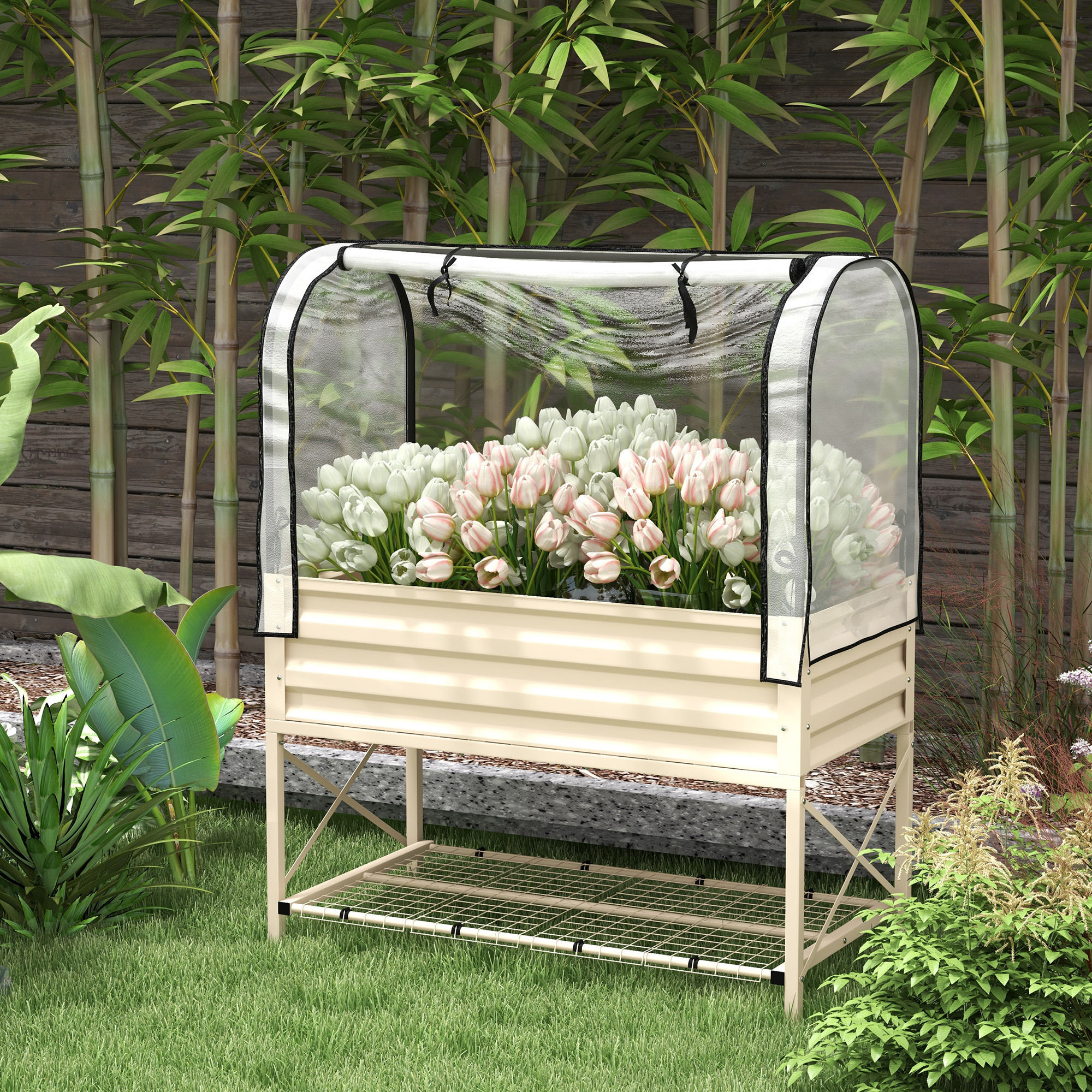 Jardinera elevada de metal con patas, cubierta y estante inferior para vegetales, crema.