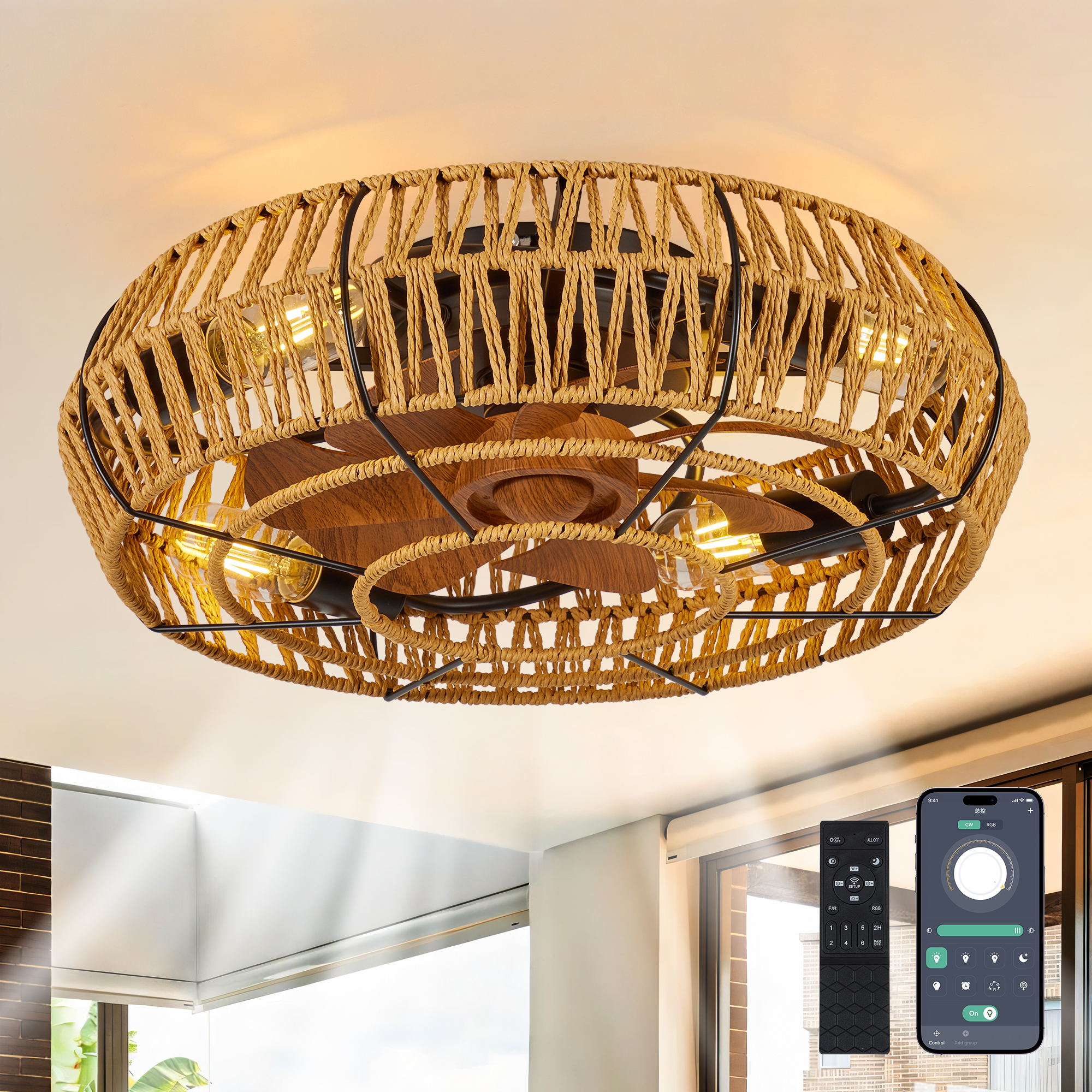 Ventilador de techo de 19 pulgadas con luces y control remoto, estilo boho, sin aspas