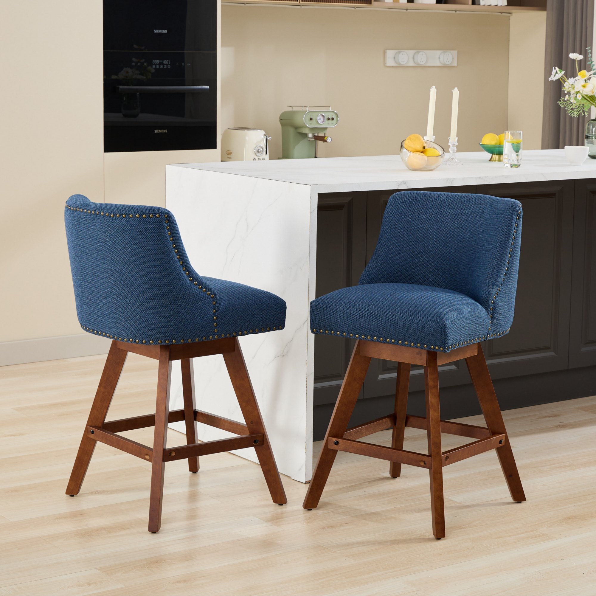 Counter Height Swivel Barstools, 26'' H Seat Height Upholstered Bar Stools Set Of 2, Fabric In Blue