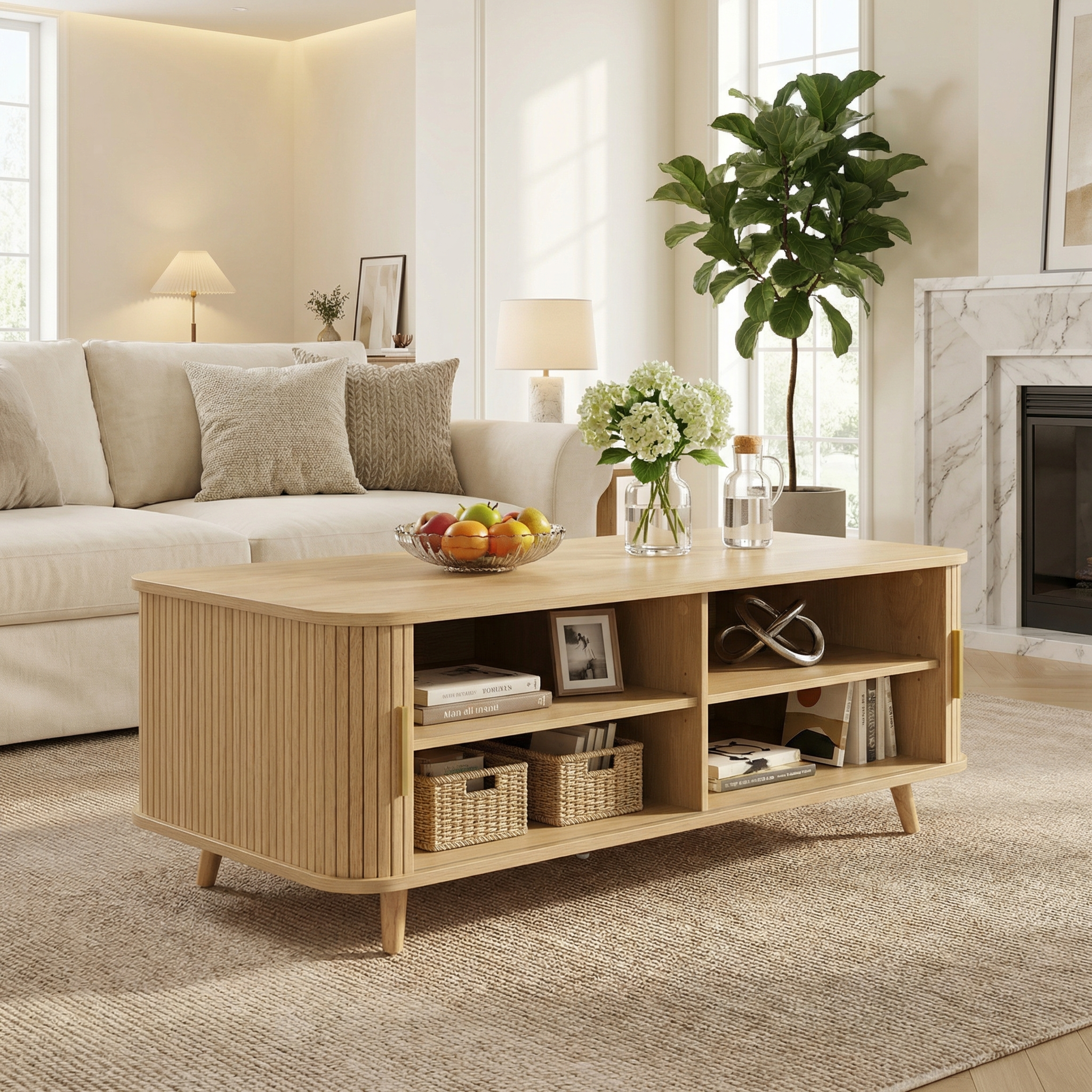 Modern Mid-Century Coffee Table With Storage Natural Wood Finish, 4 Open Shelves & 2 Doors, For Living Room, Entertainment Center, Home Theater