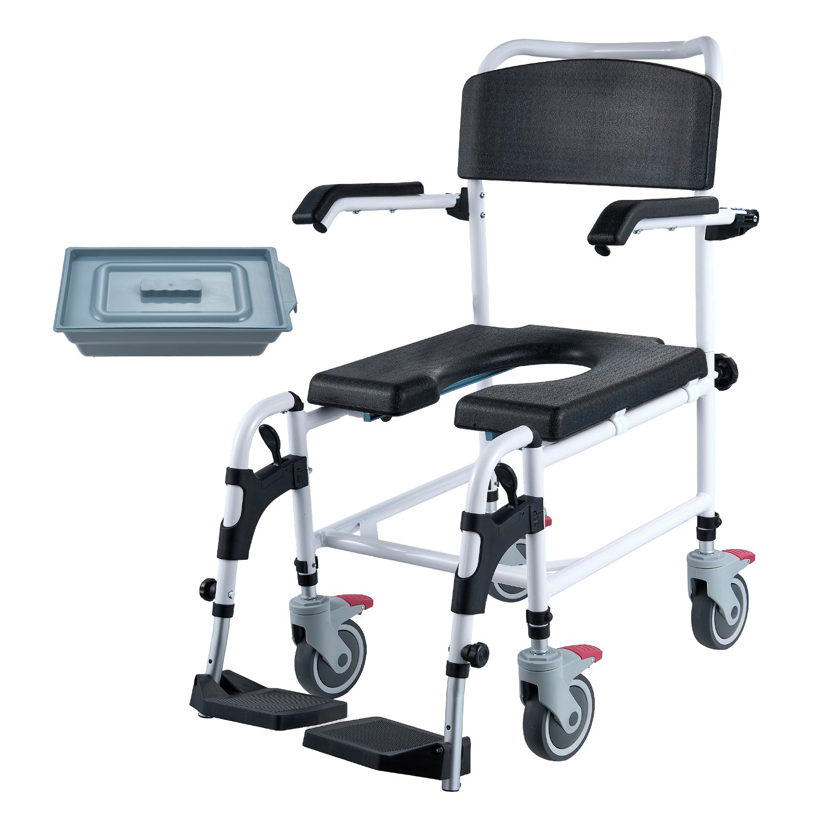 Silla de ruedas para ducha y cómoda, 350 libras, con ruedas, reposapiés y altura ajustable.