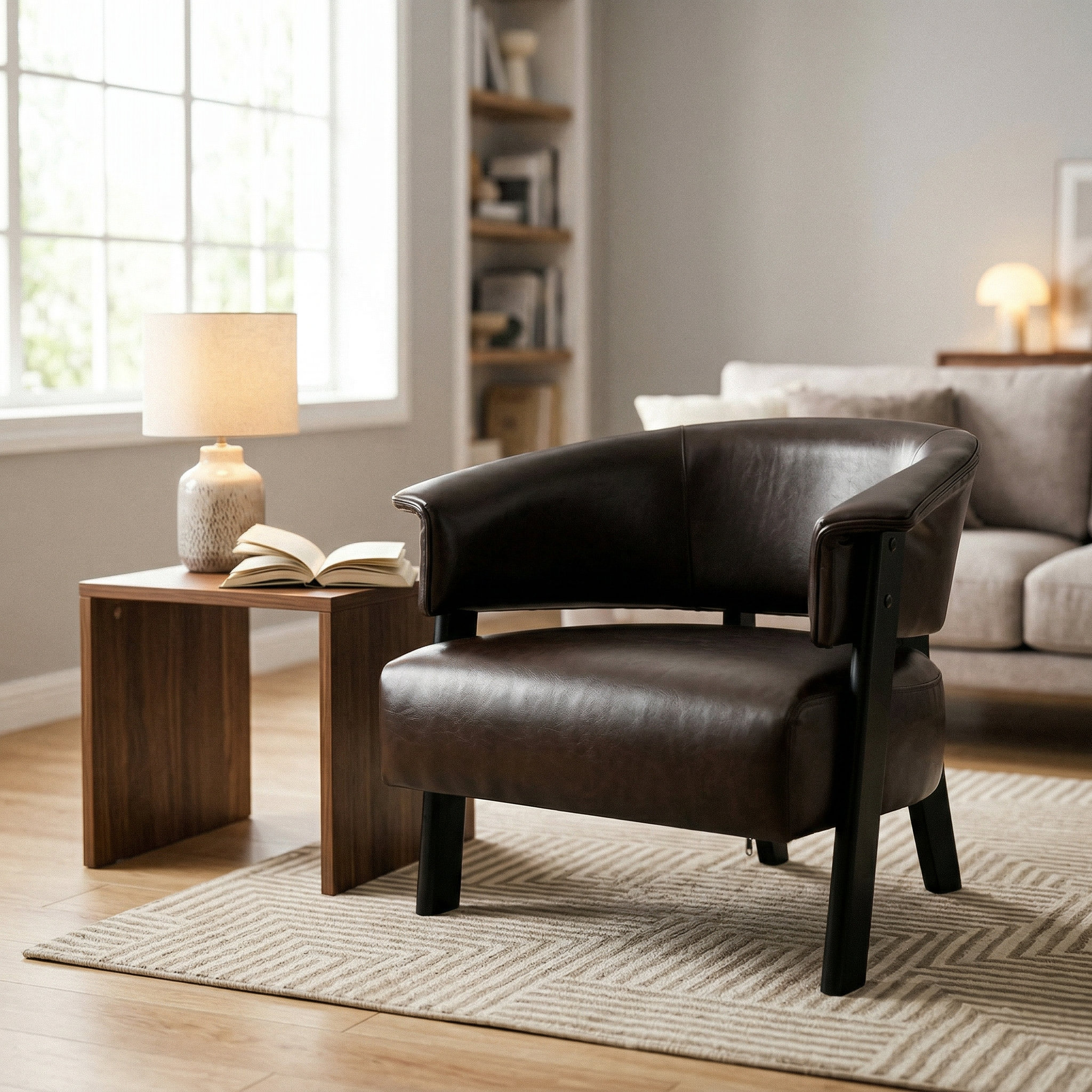 Sillón decorativo wingback de piel sintética con patas de madera maciza, para sala