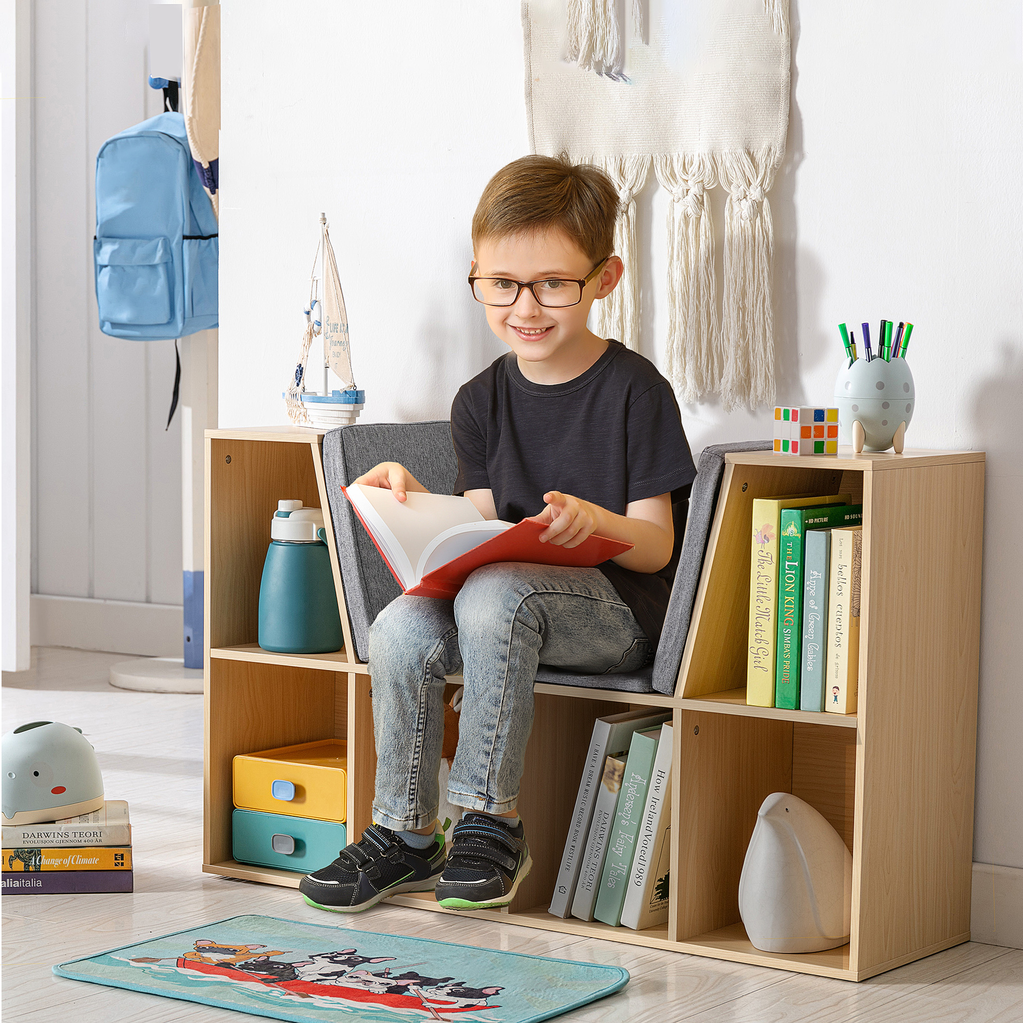Librero para niños con 6 cubículos, rincón de lectura y cojín, color natural