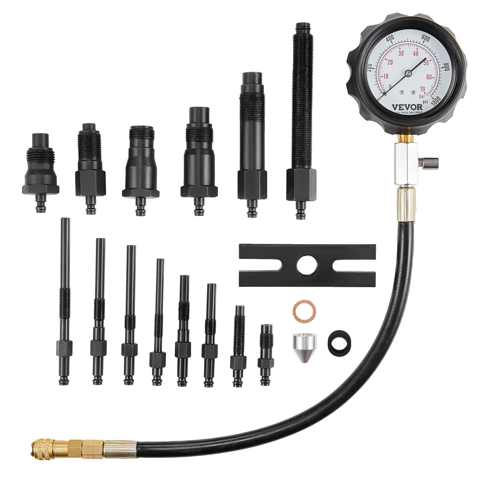 Probador de compresión para motor diésel, 18 piezas, manómetro 0-1000 Psi, con adaptadores