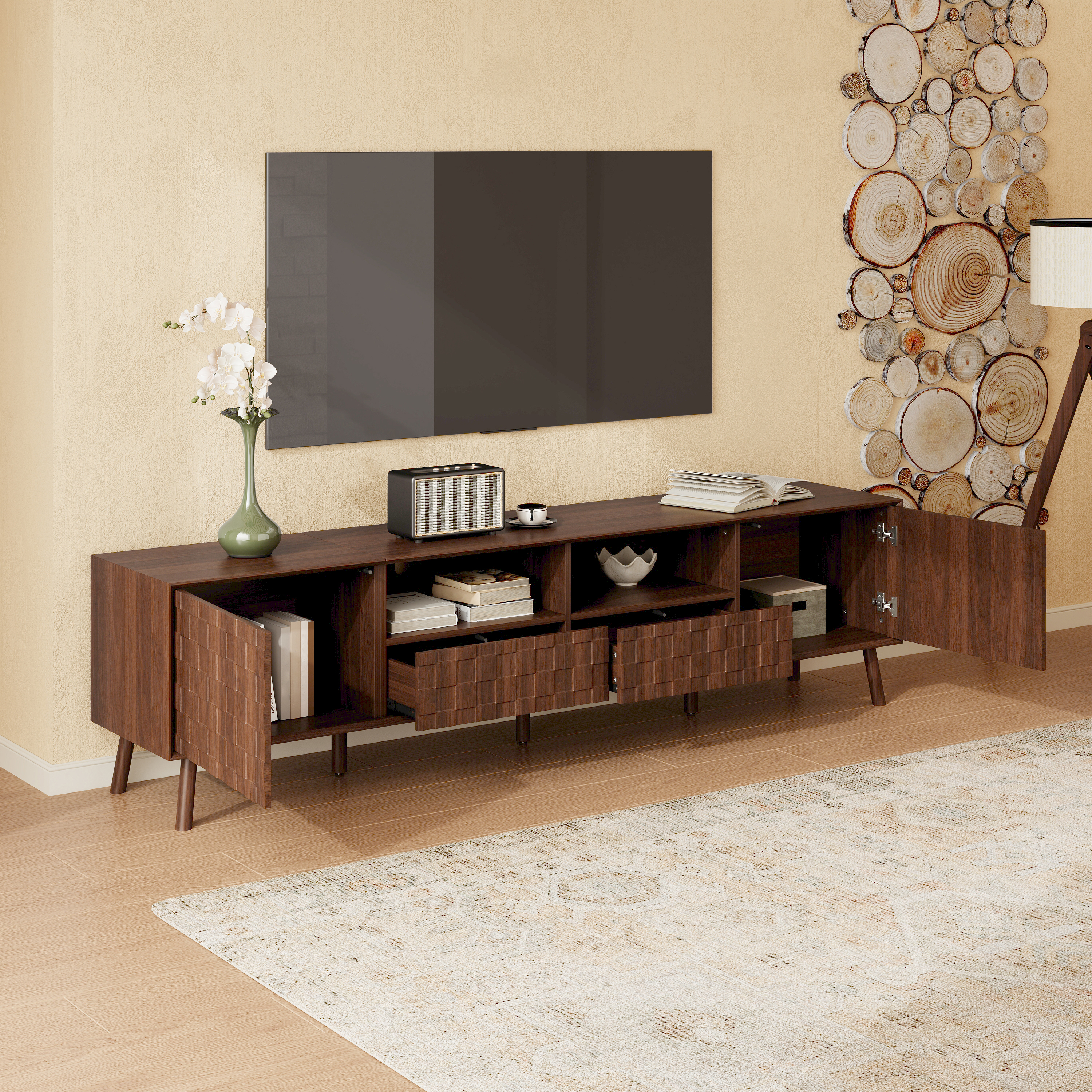78inch Modern TV Stand For TVs Up To 85 Inches For Living Room, Entertainment Center With Solid Wood Legs, Drawers And Cable Management