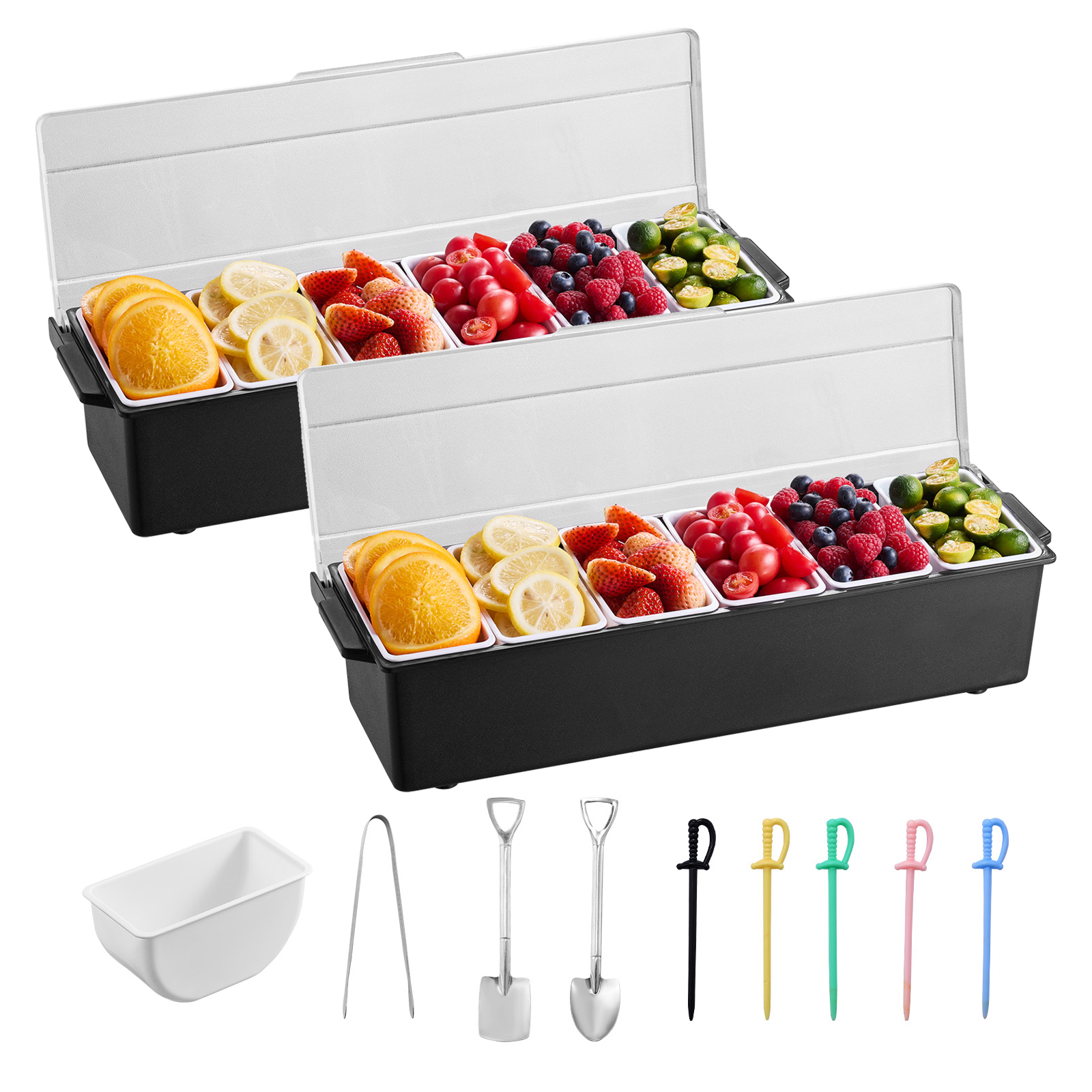 Ice Cooled Condiment Serving Container, 6 Compartments Chilled Server, Fruit Veggie Condiment Caddy, Plastic Garnish Station Lid Dispenser Tray, For Bartending & Serving Taco Restaurant Supplies