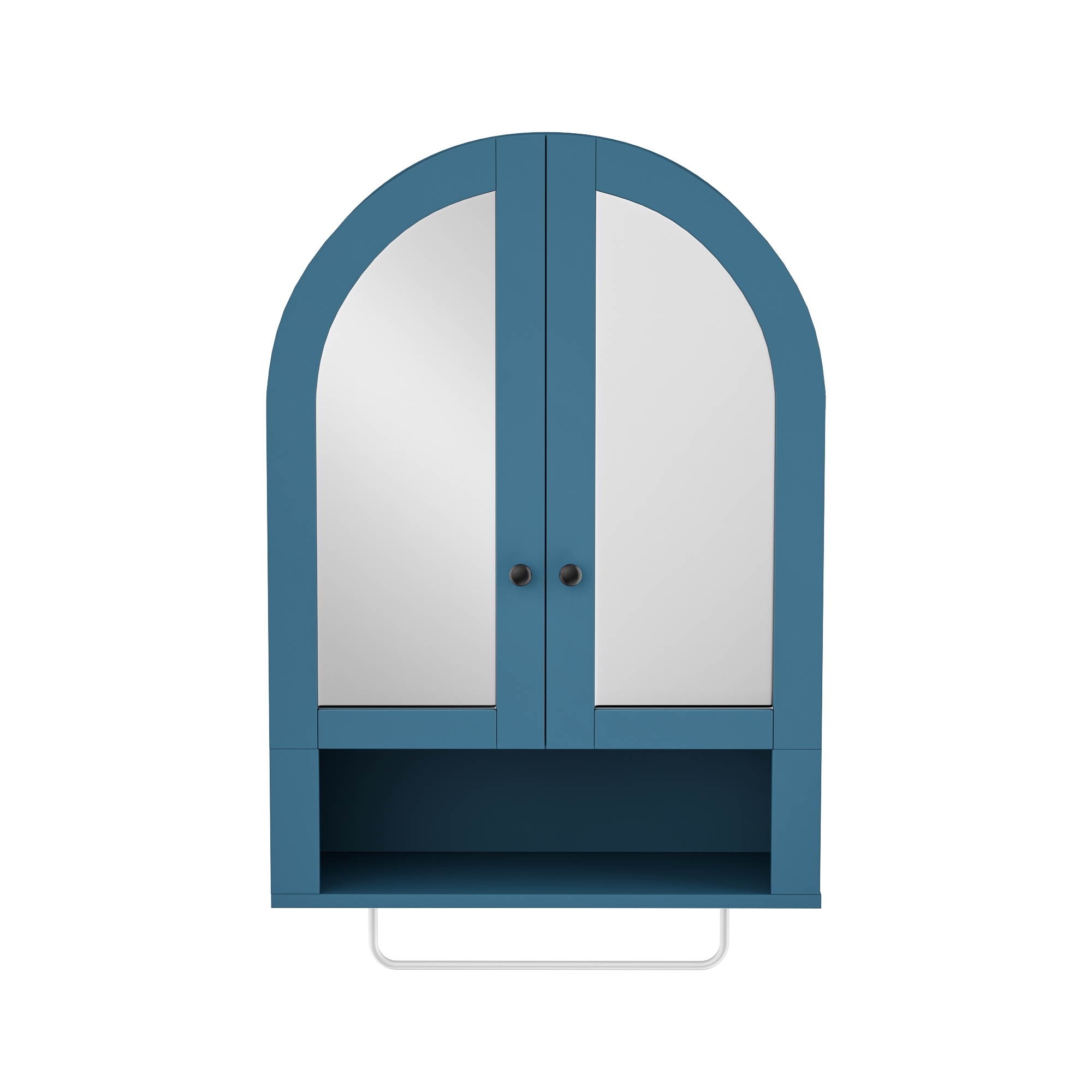 Gabinete de pared arqueado con puertas de espejo y estantes ajustables.