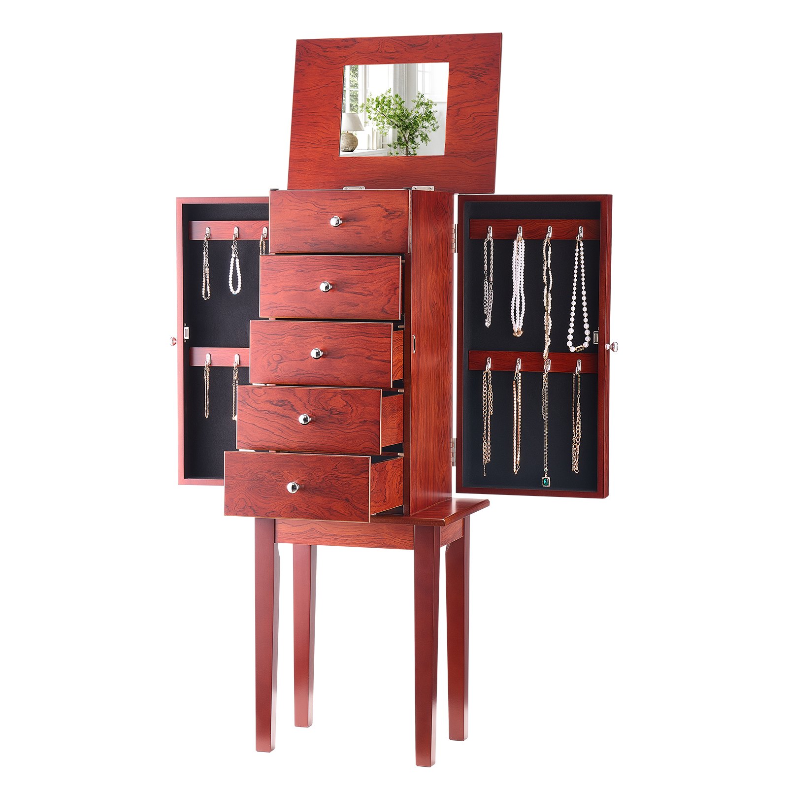 Gabinete joyero de madera de pie, con 4 cajones, espejo y ganchos para collares