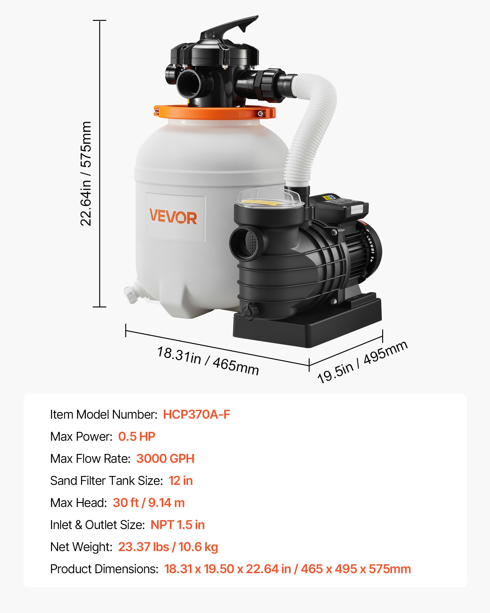 Bomba de filtro de arena FlashPure 12 pulgadas, 0.5 HP, 3000 GPH, con temporizador