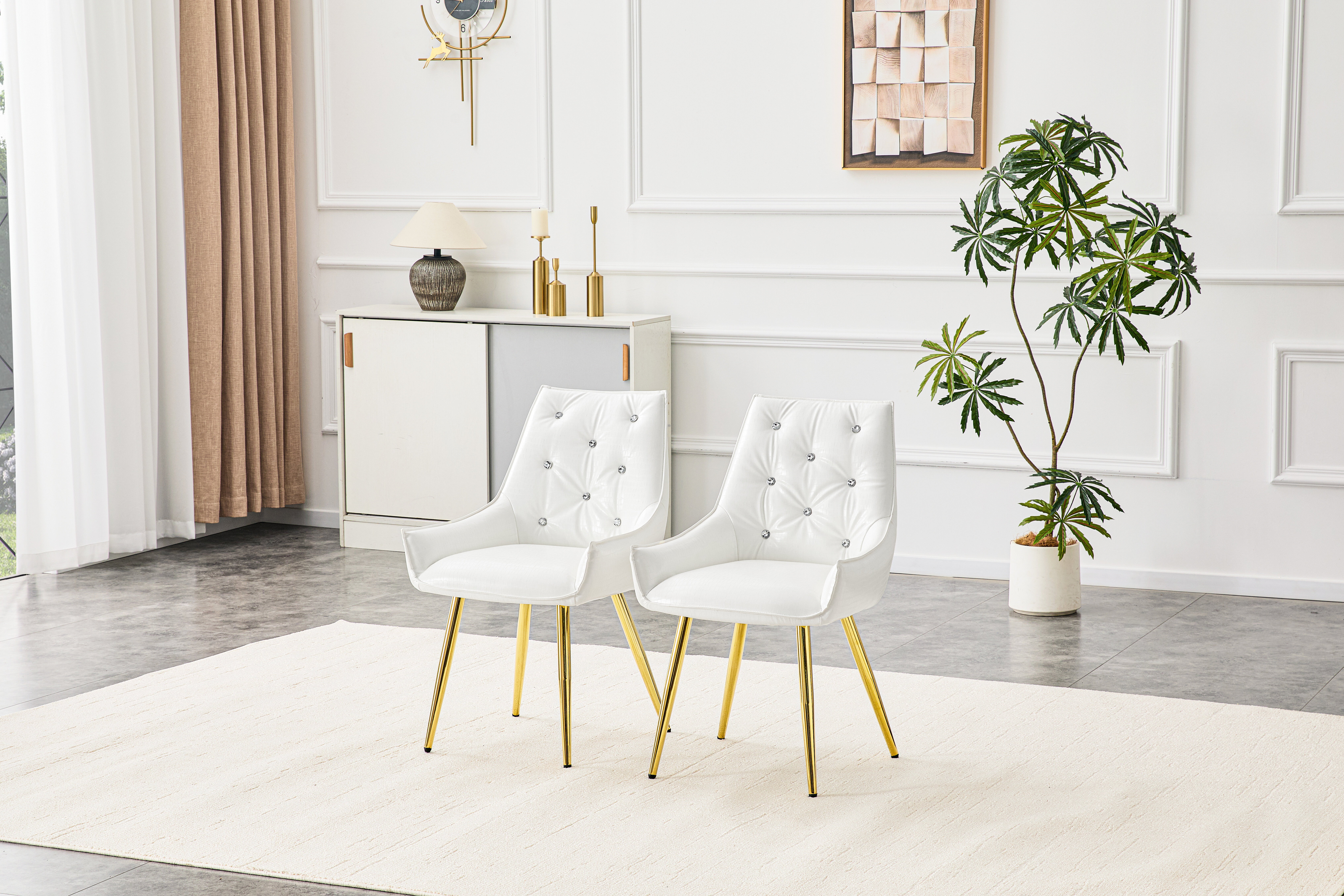 Pattern Premium PU Leather Accent Chair, Diamond Decor Backrest, Chrome Golden Metal Legs & High-Resilience Sponge Cushion  Versatile For Office, Dining Room & Living Room  White, Set Of 2