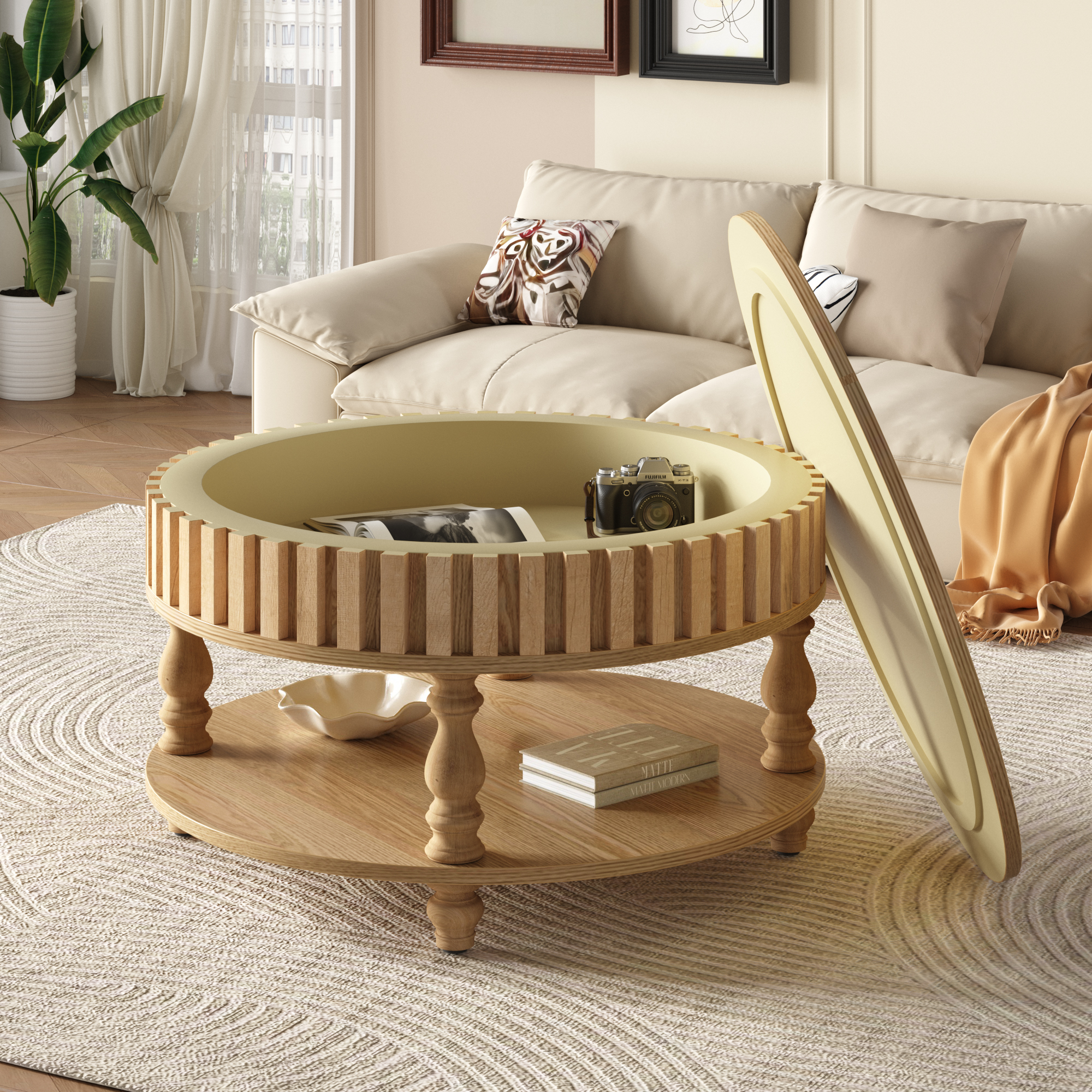 Mesa de centro Mid-Century Modern con almacenamiento y tapa abatible