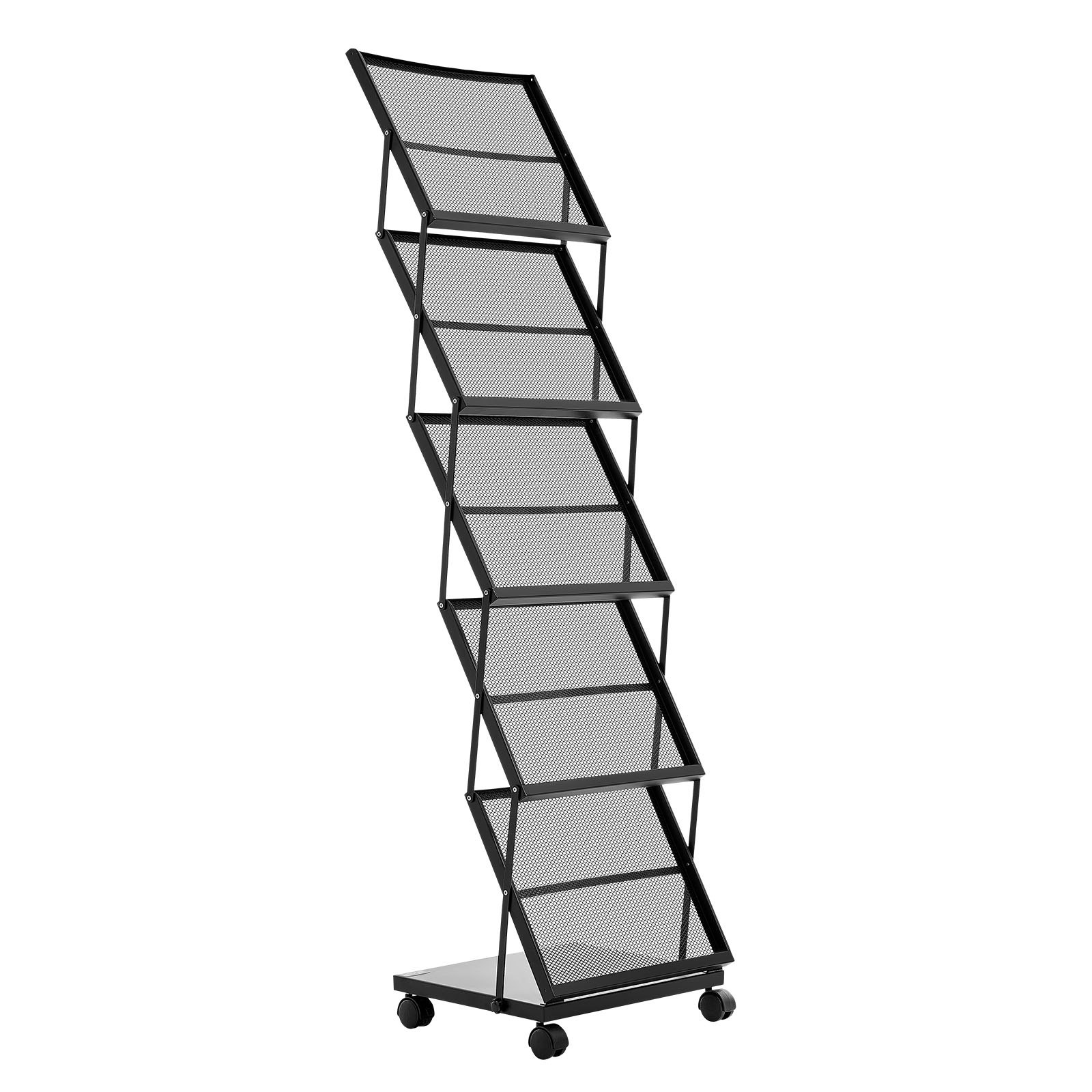 Brochure Display Rack, Foldable 5 Pockets Magazine Literature Display Stand, Movable Floor Standing Magazine Rack With Wheels, Metal Newspaper Catalog Holders For Shop Exhibitions Office Show