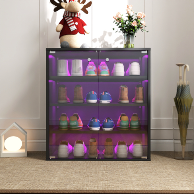 Caja de zapatos de madera apilable con luz LED RGB y puerta de vidrio, 4 niveles