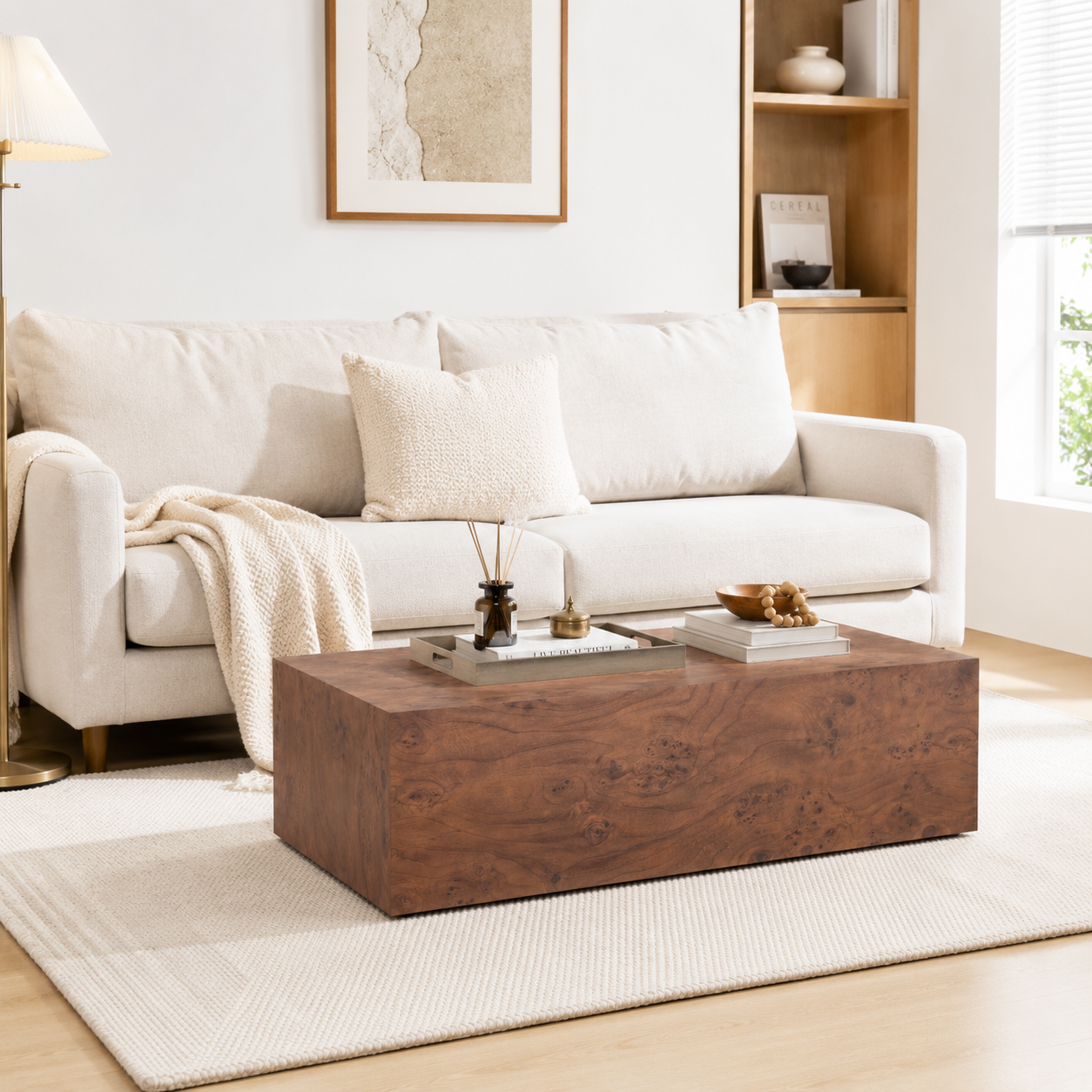 Premium Burl Walnut Veneer MDF Cube Table, Height Adjustable Multi-purpose Coffee Side End Table For Living Room, 39.4 X21.7 X11.8 , No Extra Items Included