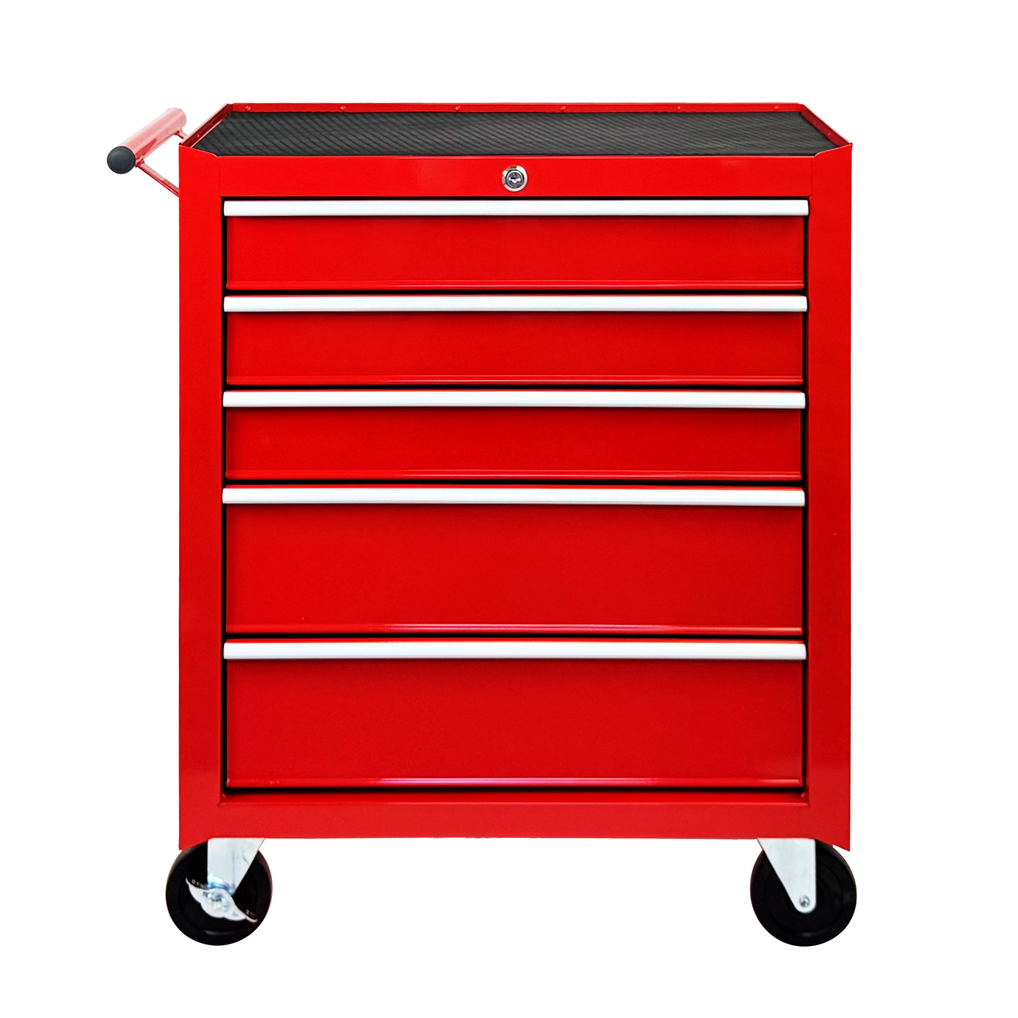 Caja de herramientas rodante de 5 cajones con cerradura, ruedas y cojín superior, rojo.
