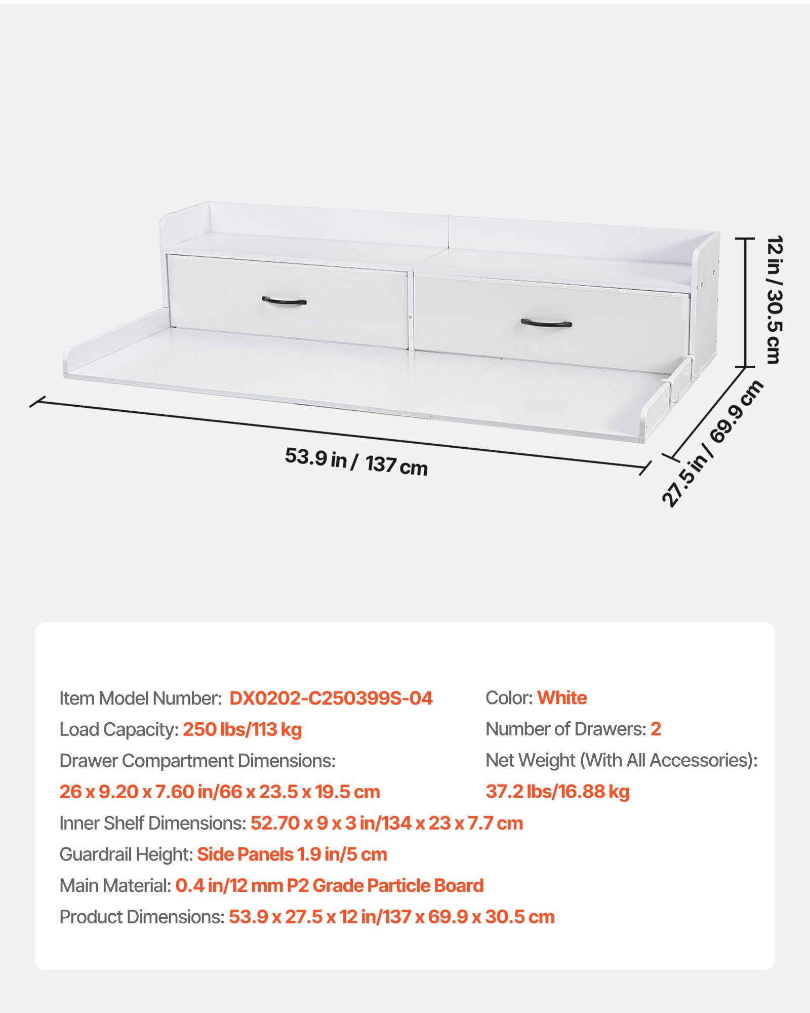 Encimera de madera para lavadora/secadora, 54x27.5 pulgadas, con estante y cajones, blanco