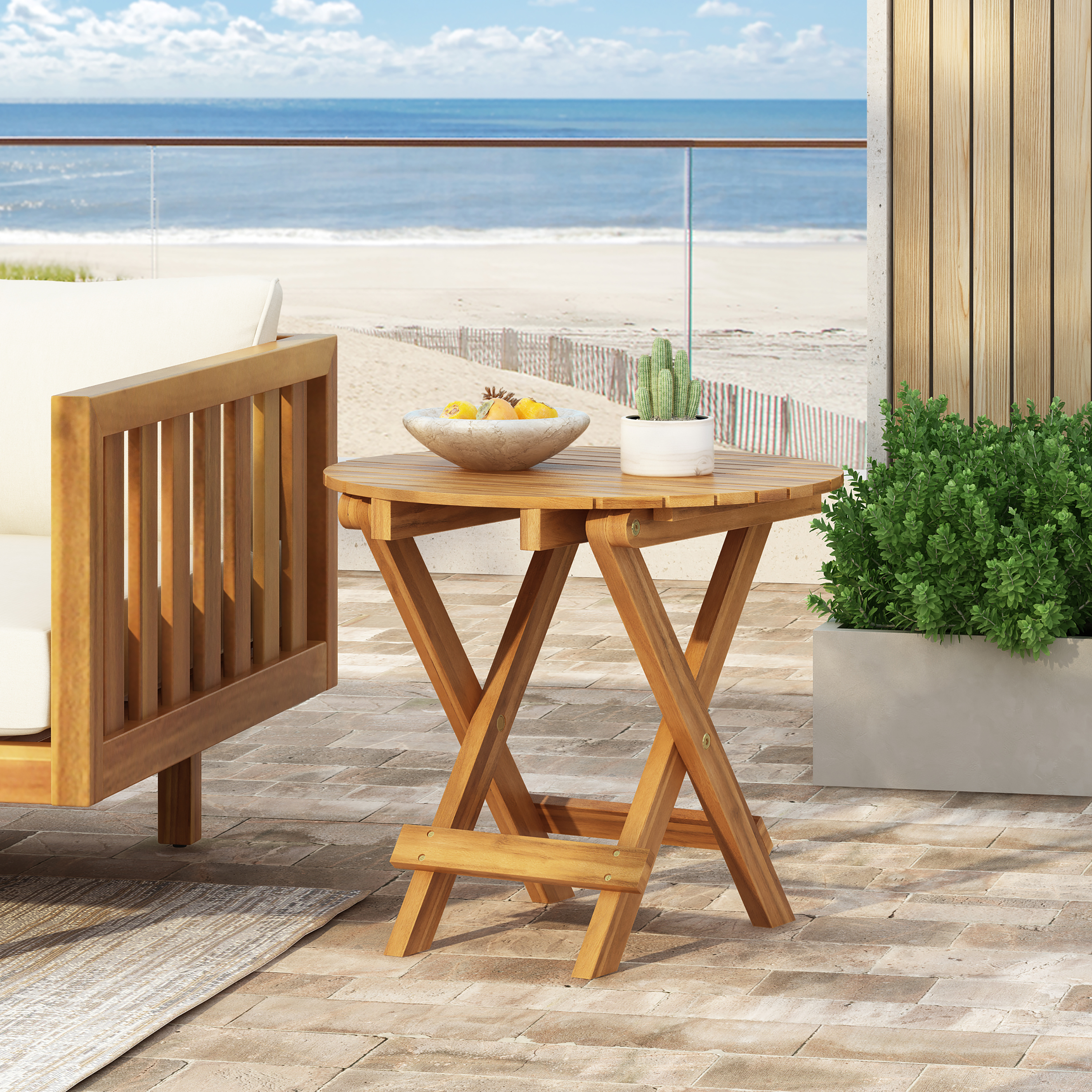 Mesa auxiliar de madera de acacia plegable, ajustable, para exteriores, acabado teca