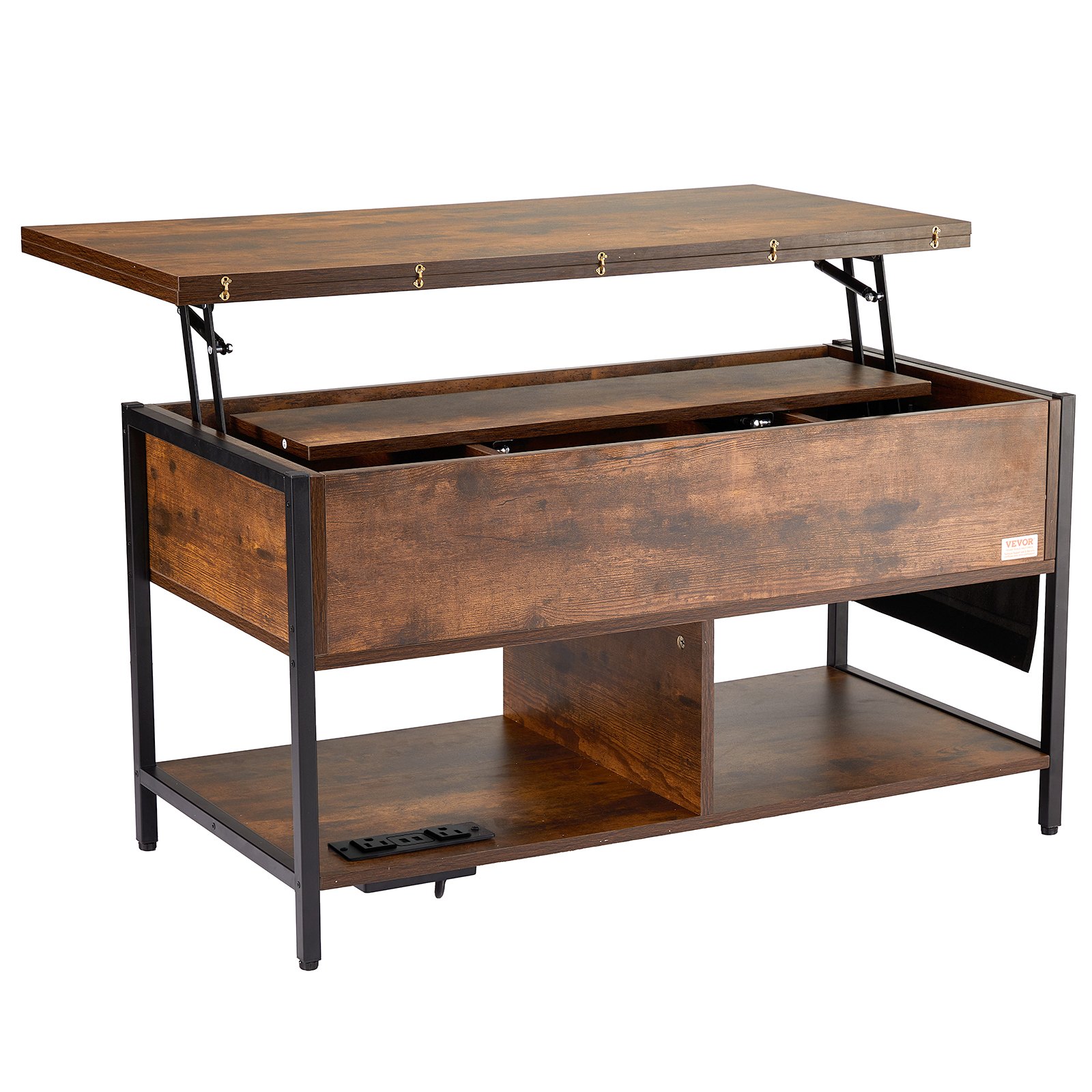 Lift Top Coffee Table, 39.4 In Rectangle Coffee Table With Extra Storage Pockets, Flipable Coffee Table With Power Strip & USB & Ambient Lighting For Living Room, Brown