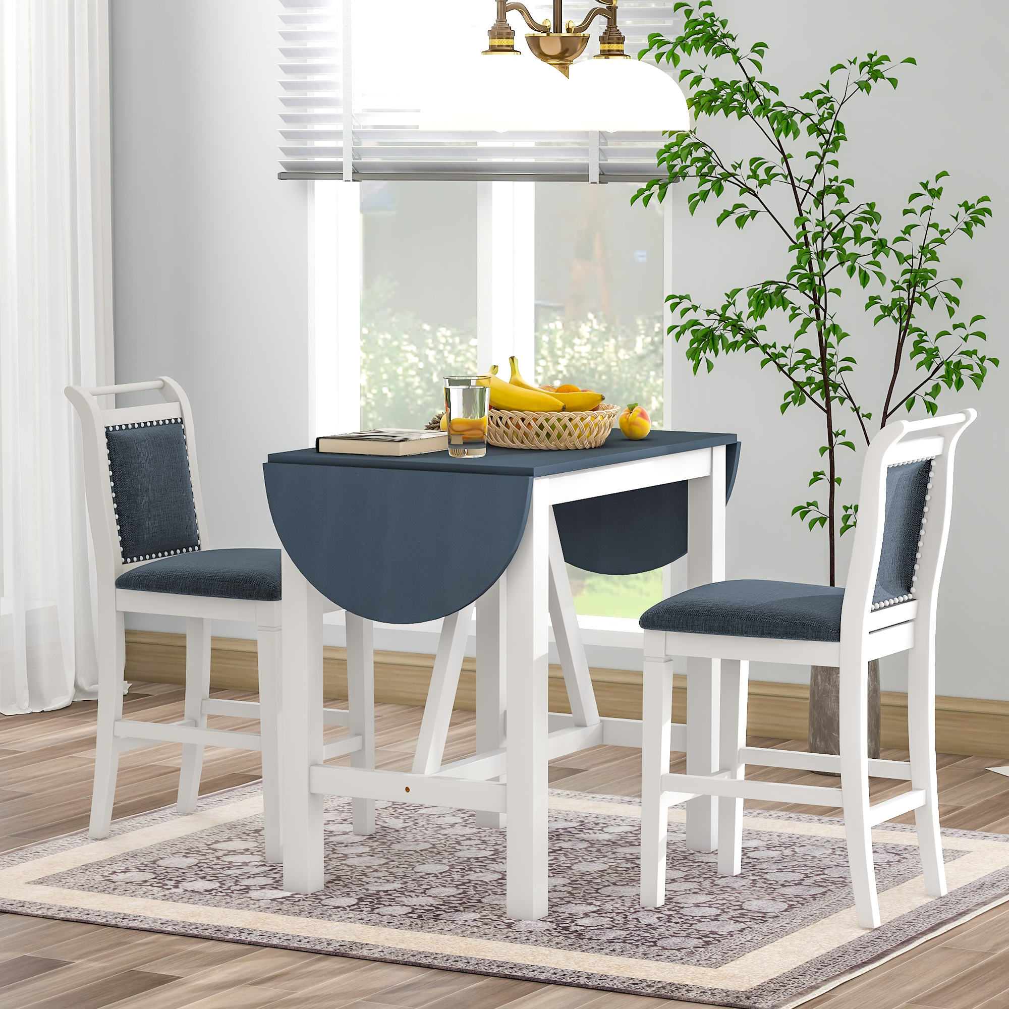 TOPMAX 3-Piece Wood Counter Height Drop Leaf  Dining Table Set With 2 Upholstered Dining Chairs For Small Place, White