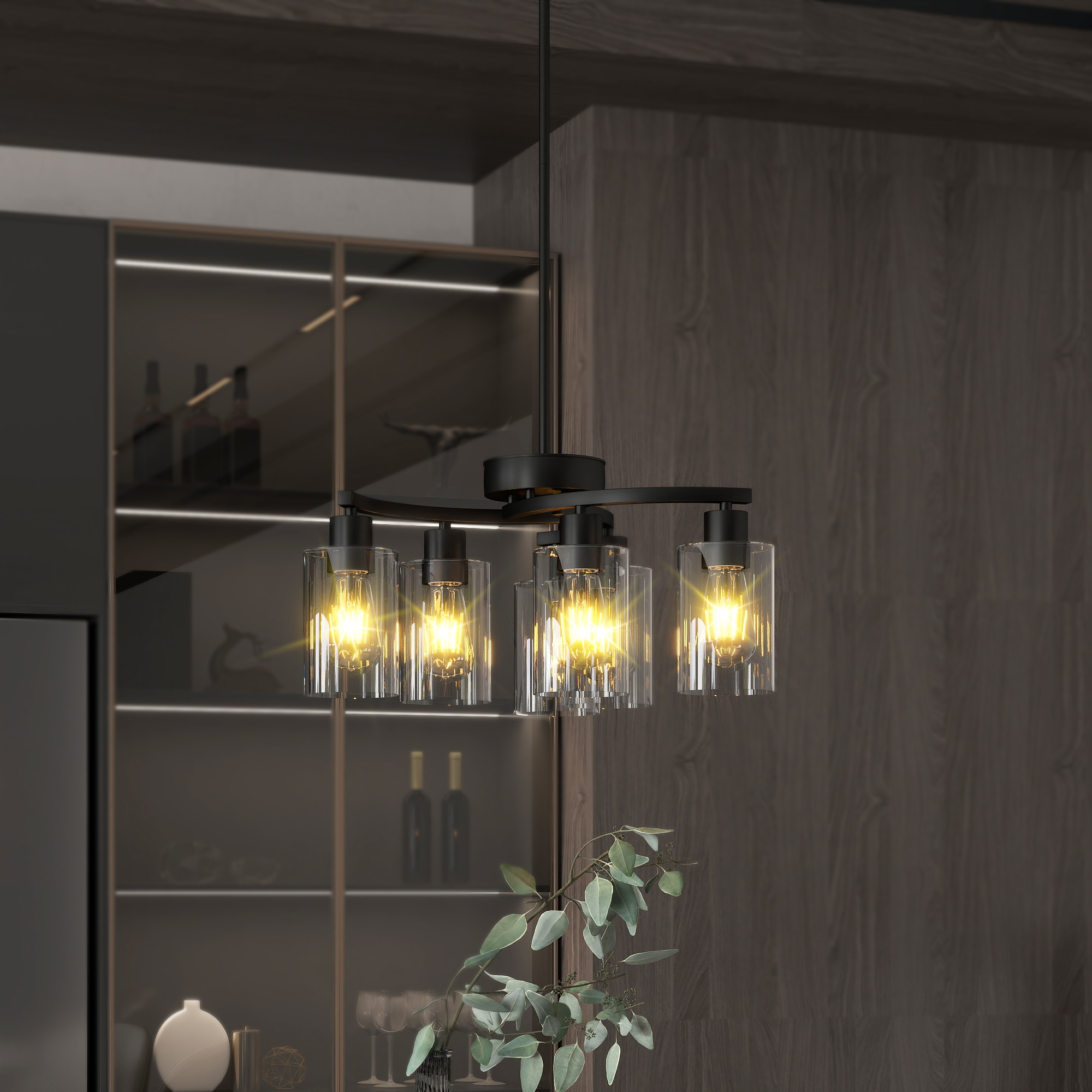 6-Light Modern Farmhouse Black Chandelier, Contemporary Dining Room Light Fixture, Adjustable Height Hanging Industrial Pendant Lights Kitchen Island, Clear Glass Shade