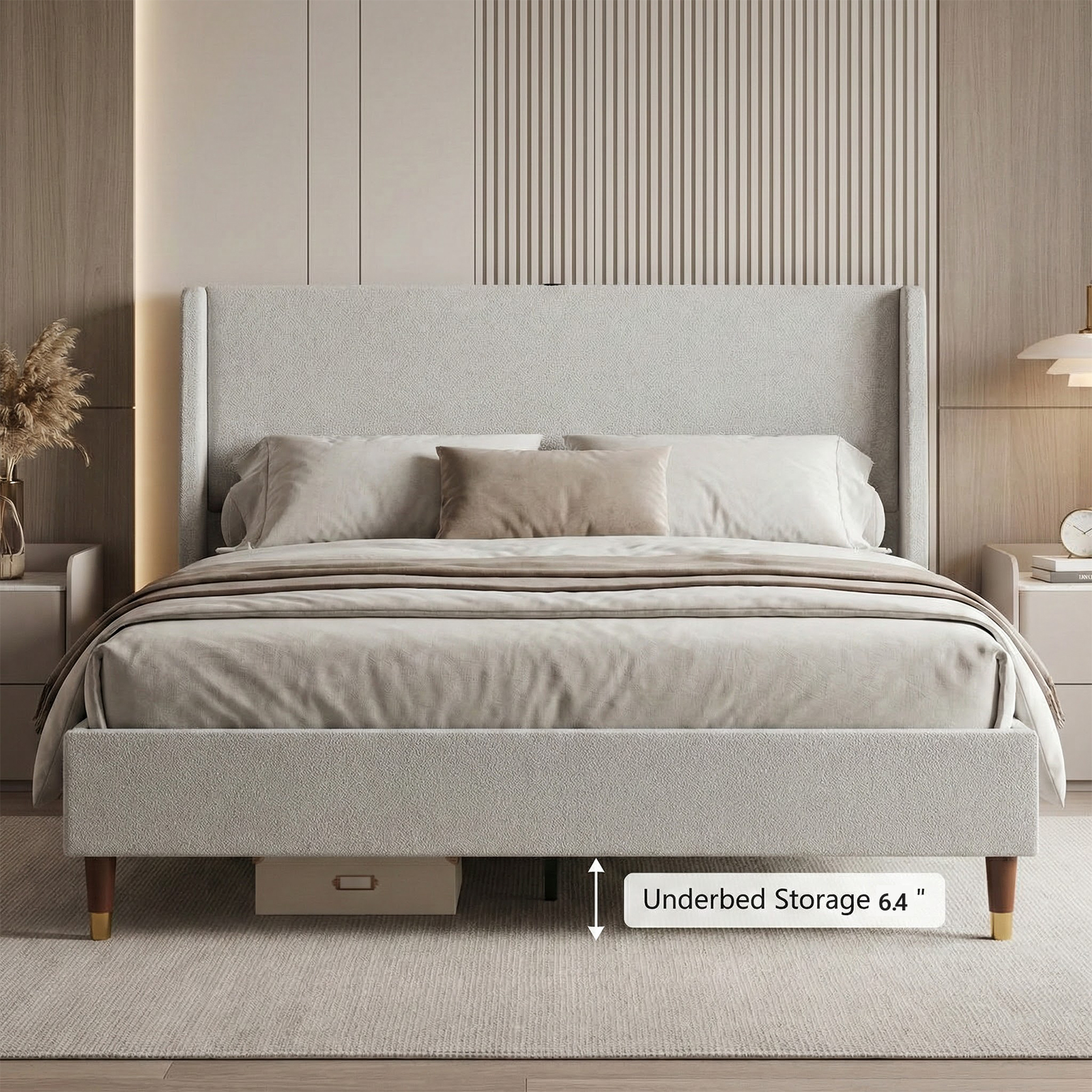 Base de cama Queen de tela de lino con cabecero tapizado y puertos USB, gris