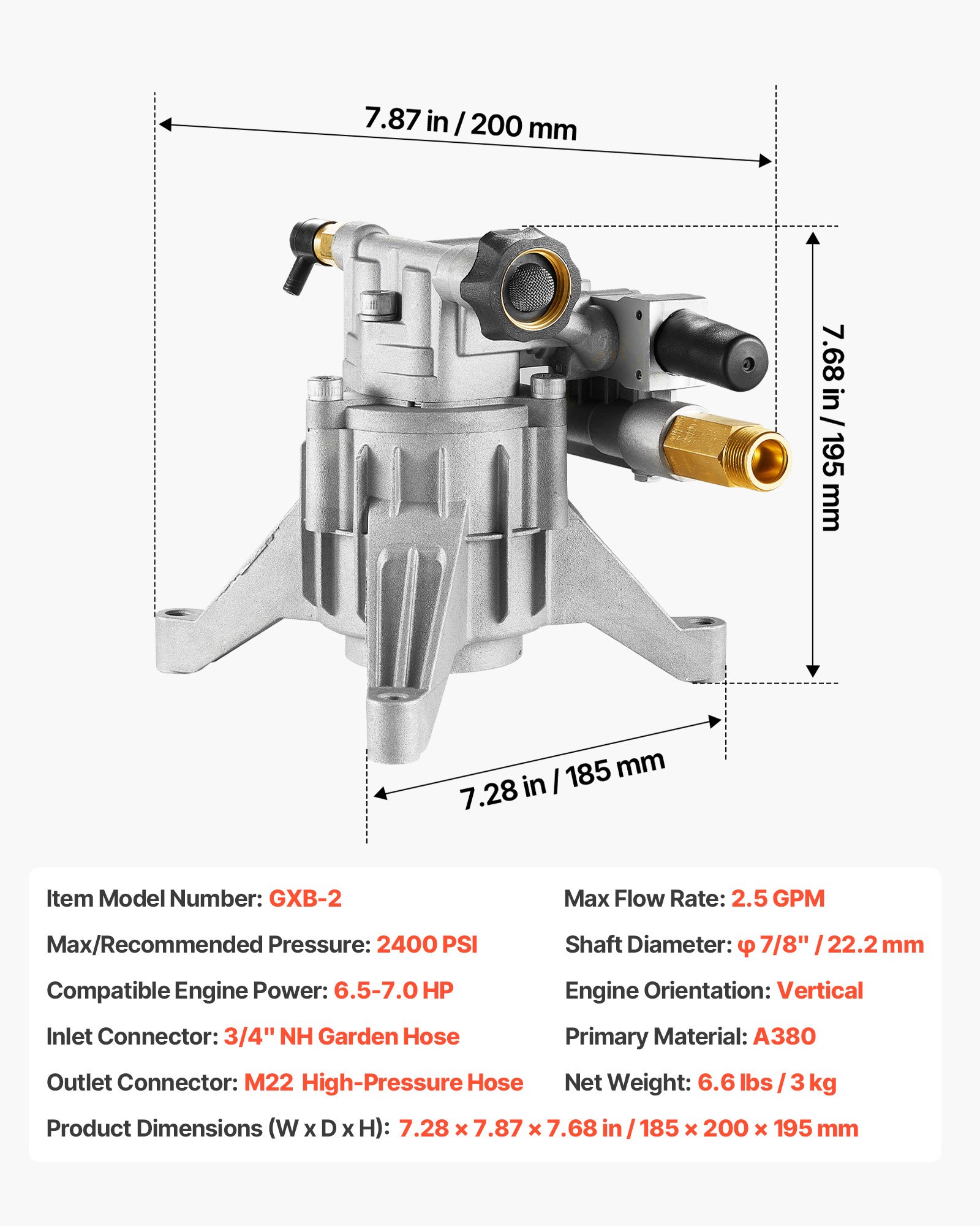Bomba para hidrolavadora, eje vertical 7/8", 2400 PSI, 2.5 GPM, RYOBI, Honda
