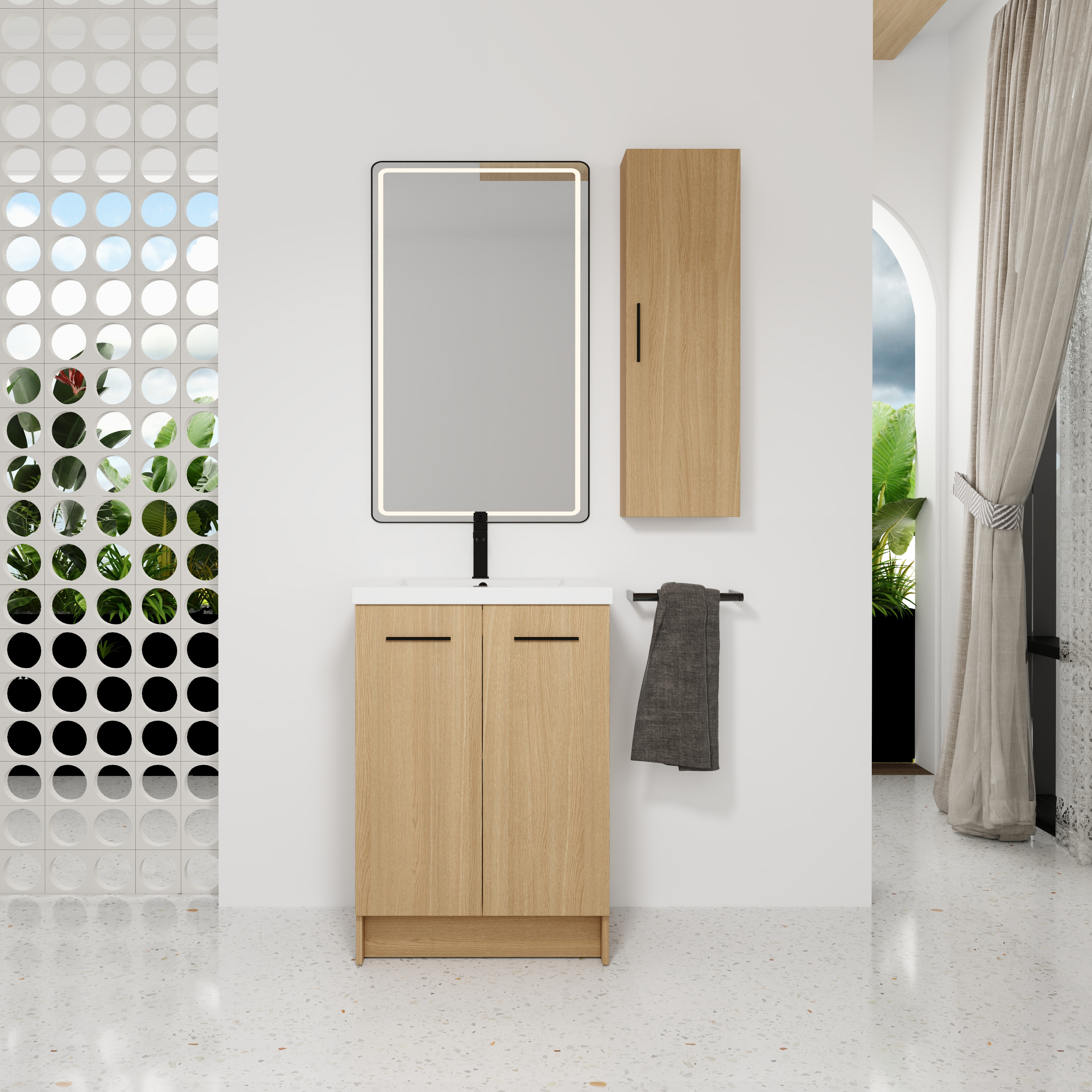Set de tocador de baño independiente de 24 pulgadas con lavabo de resina y gabinete alto