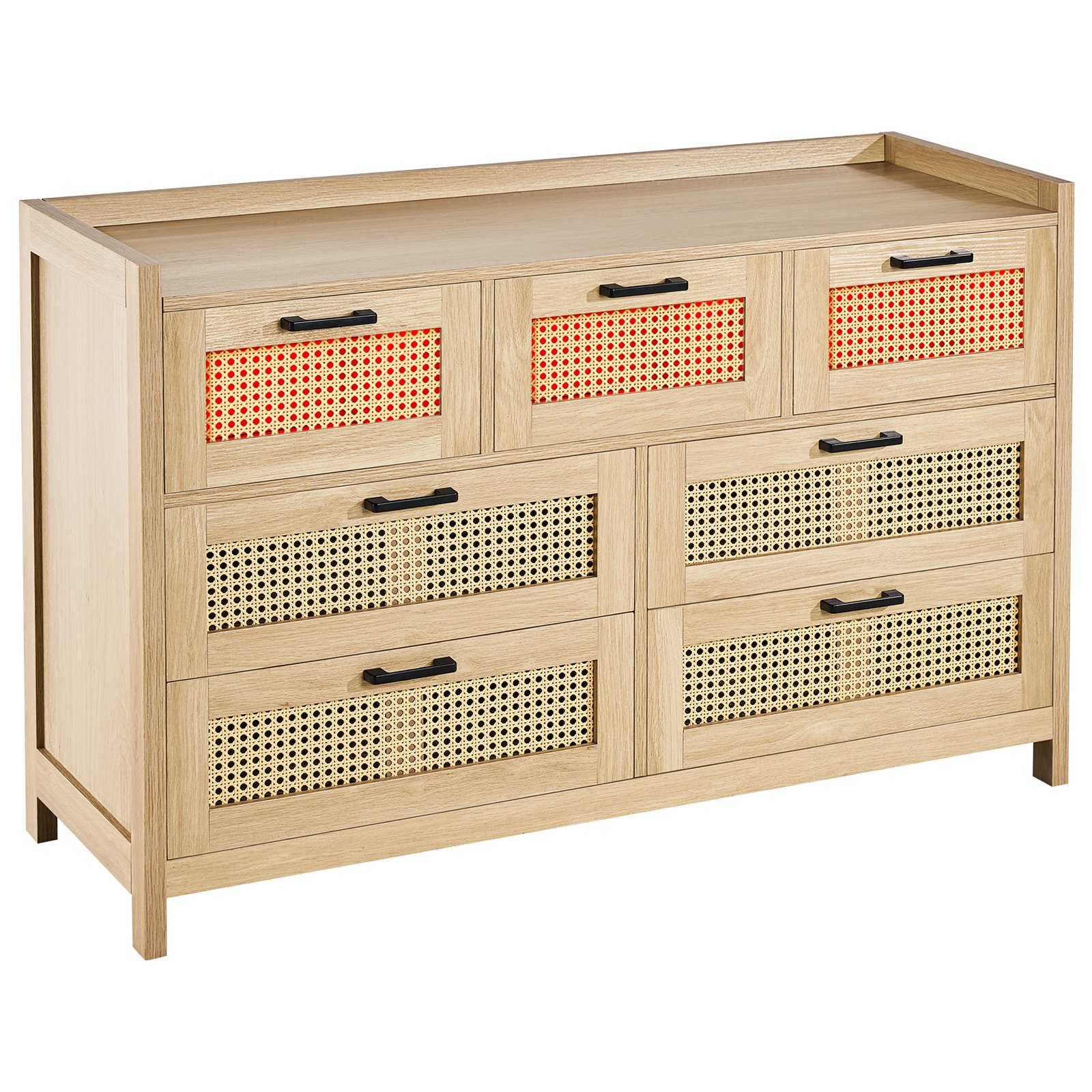 Cómoda de ratán de 7 cajones, madera natural, moderna, con luz LED y patas resistentes.