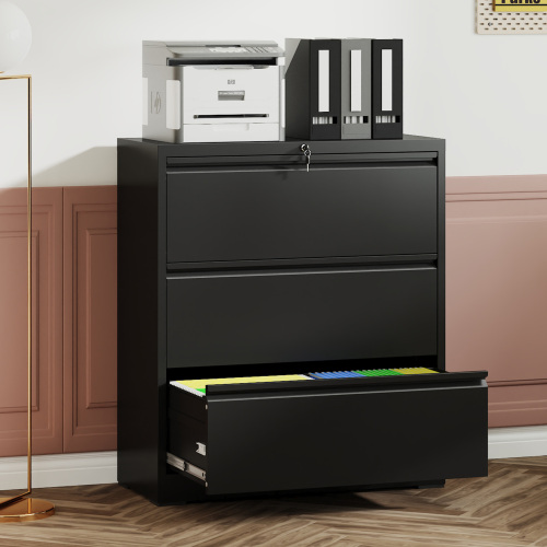 Archivador lateral metálico de 3 cajones, 35.4 pulgadas, con cerradura, negro