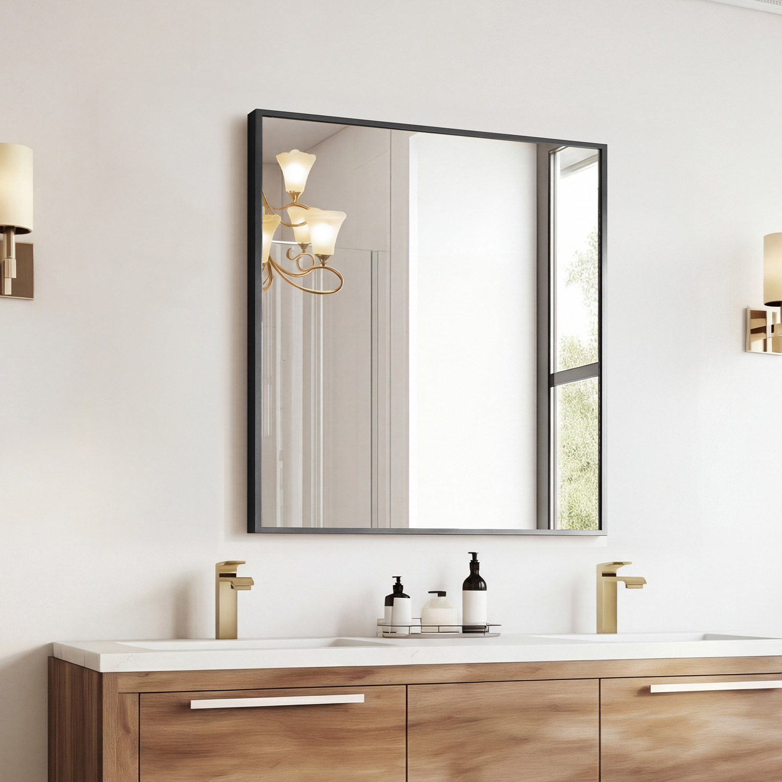 Espejo de baño rectangular de pared con marco de metal y vidrio templado