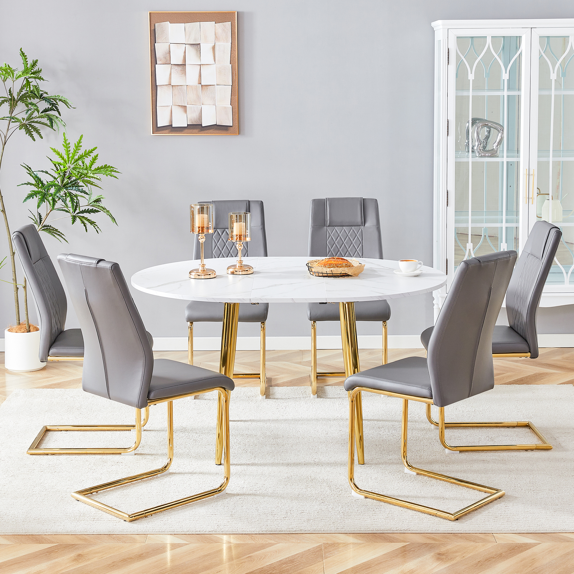 Juego de mesa de comedor extensible de MDF con 6 sillas gris oscuro y patas doradas.