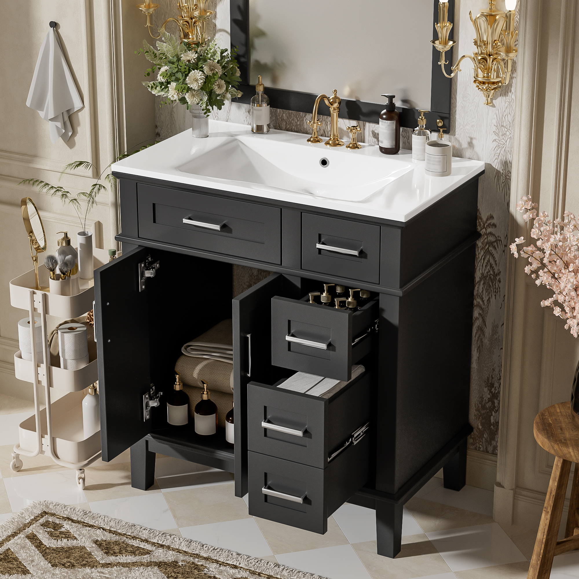 30  Bathroom Vanity With Ceramic Sink, Modern Storage Cabinet With Soft-Close Doors, Deep Drawer & Standard Drawer, Stylish Bath Vanity For Small Bathrooms