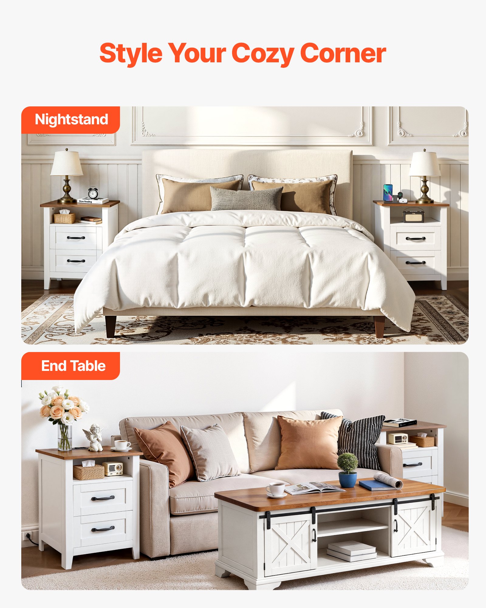 Farmhouse Nightstands, With Charging Station, Set Of 2, End Tables With 2 Drawers And Open Shelf, Bedside Storage Cabinets, Rustic Side Tables With USB Port, For Bedroom, Living Room, White