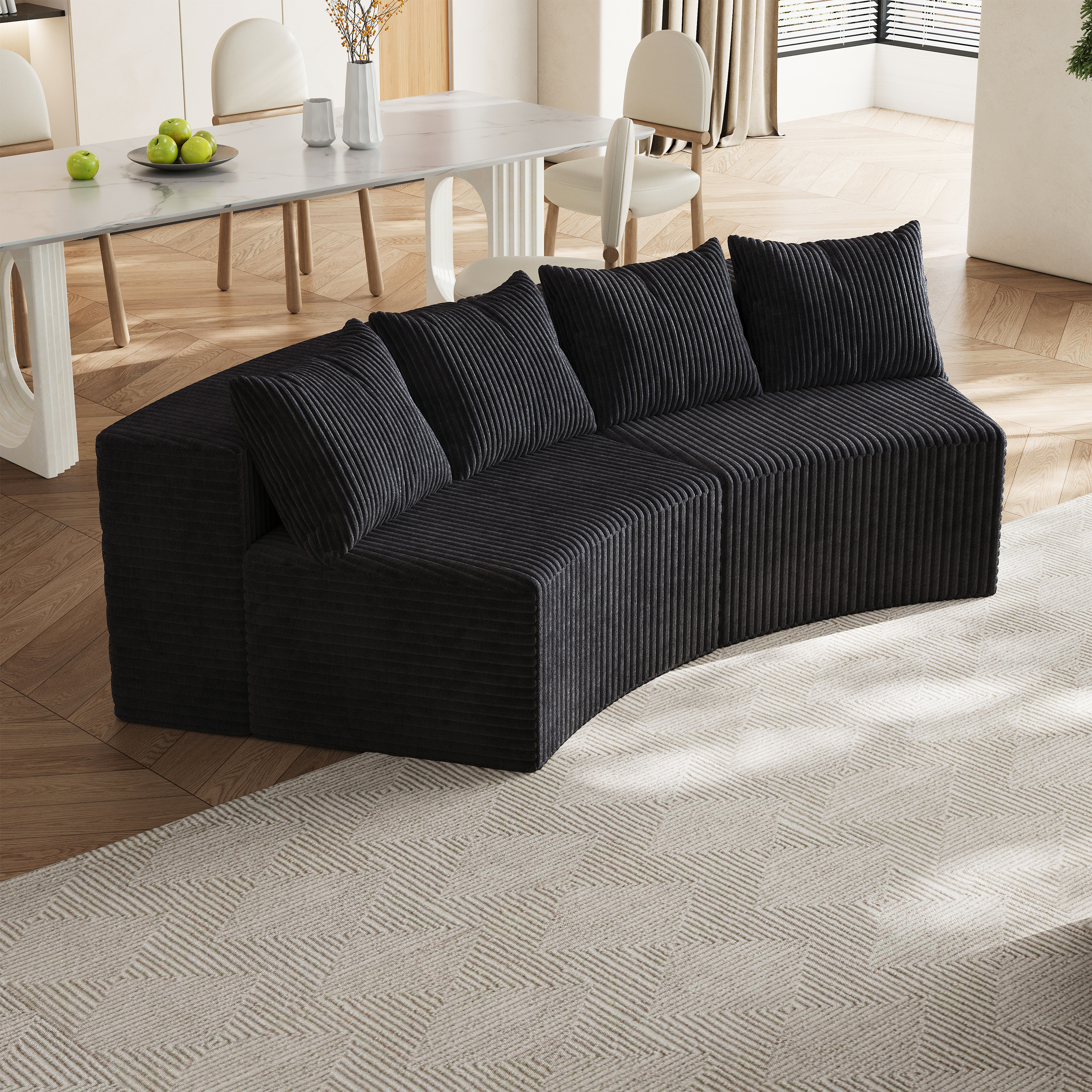 Sofá seccional curvo de pana con cuatro almohadas, modular simétrico, dos módulos