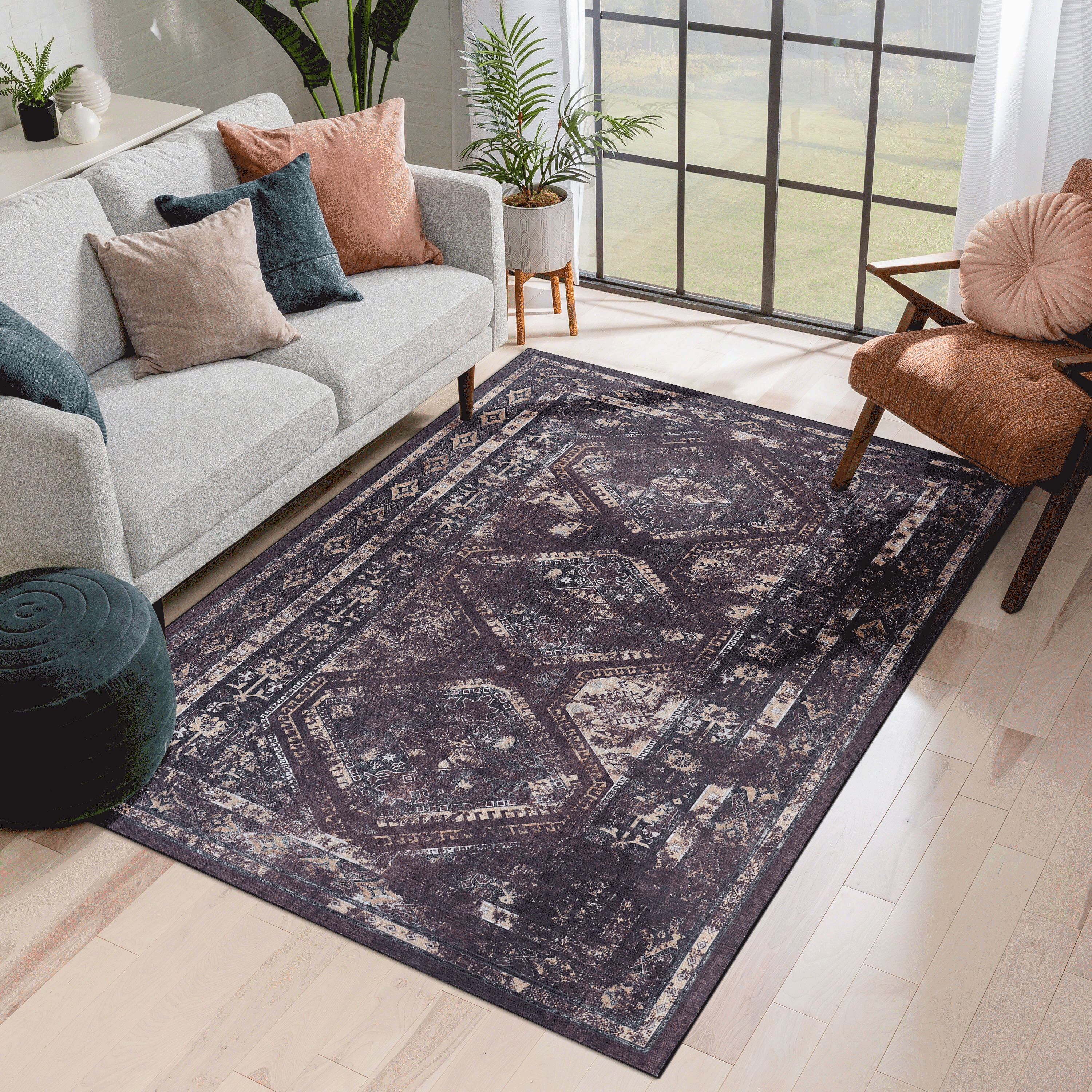 MAVAL Burgundy Washable Rug 8x10 Area Rug  Black Burgundy, 8'x10'