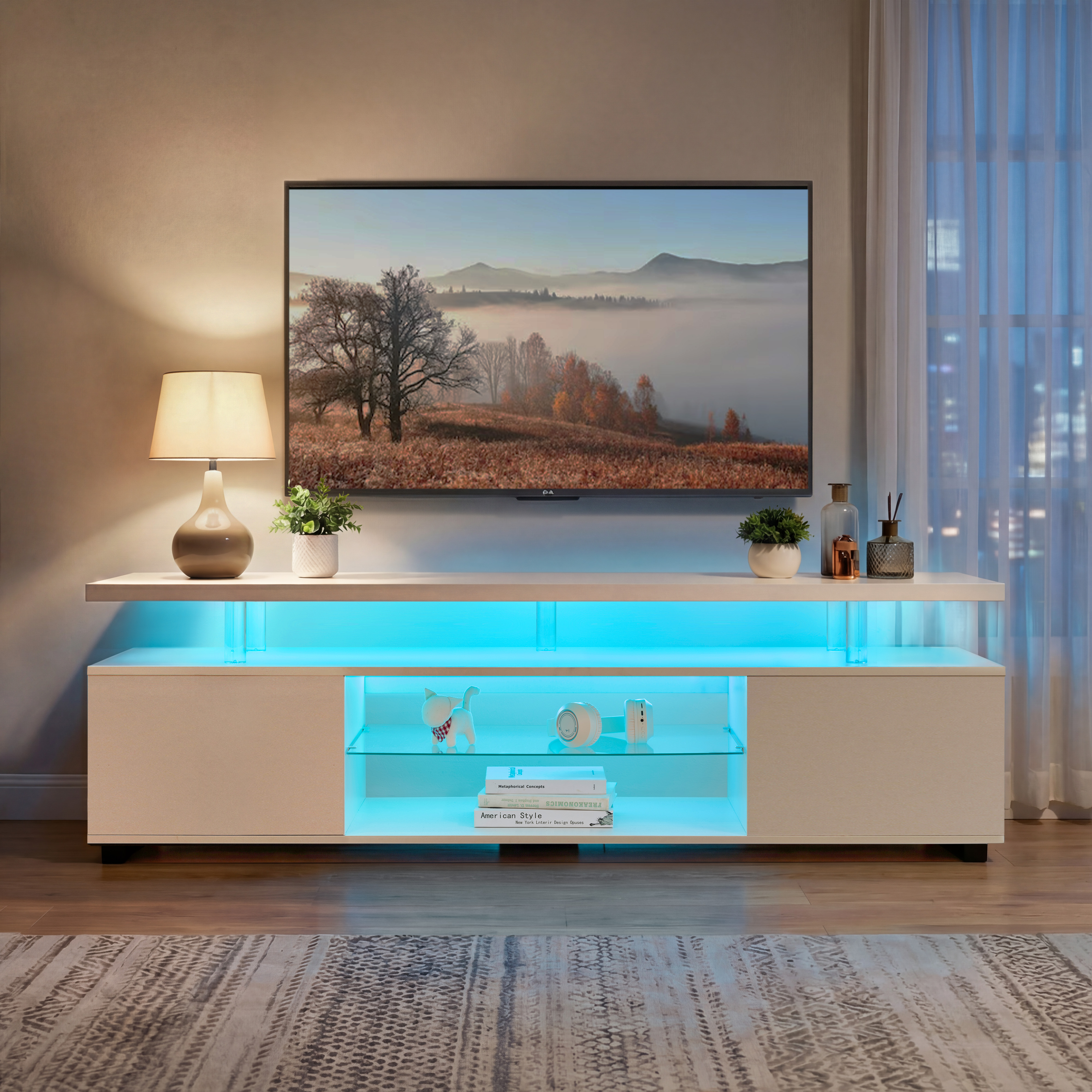 Mueble de TV para televisores de 60 pulgadas con almacenamiento y gabinete lateral, blanco