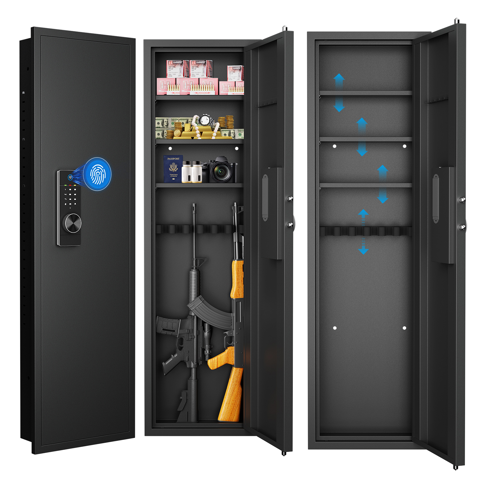 53 Fingerprint Touch Panel In Wall Safe,Hidden Wall Gun Safe For Rifles With Adjustable Shelves,Assembled Storage Multifunctional Wall Safe For Firearm And Valuables Black-Fingerprint