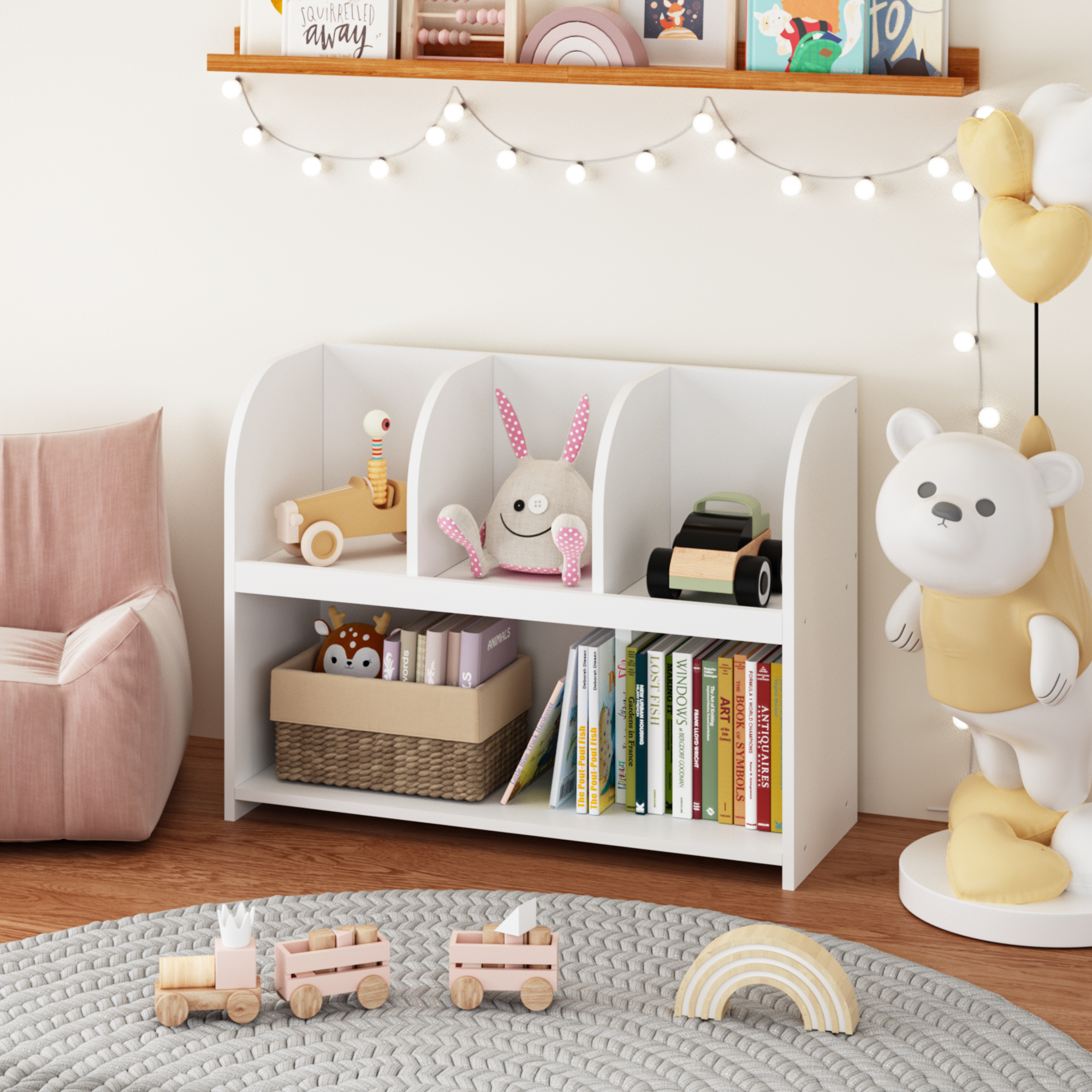 Kids Bookcase With 4 Compartments, Storage Book Shelf, Storage Display, Rack,Toy Organizer For Children's Room, Playroom, Nursery