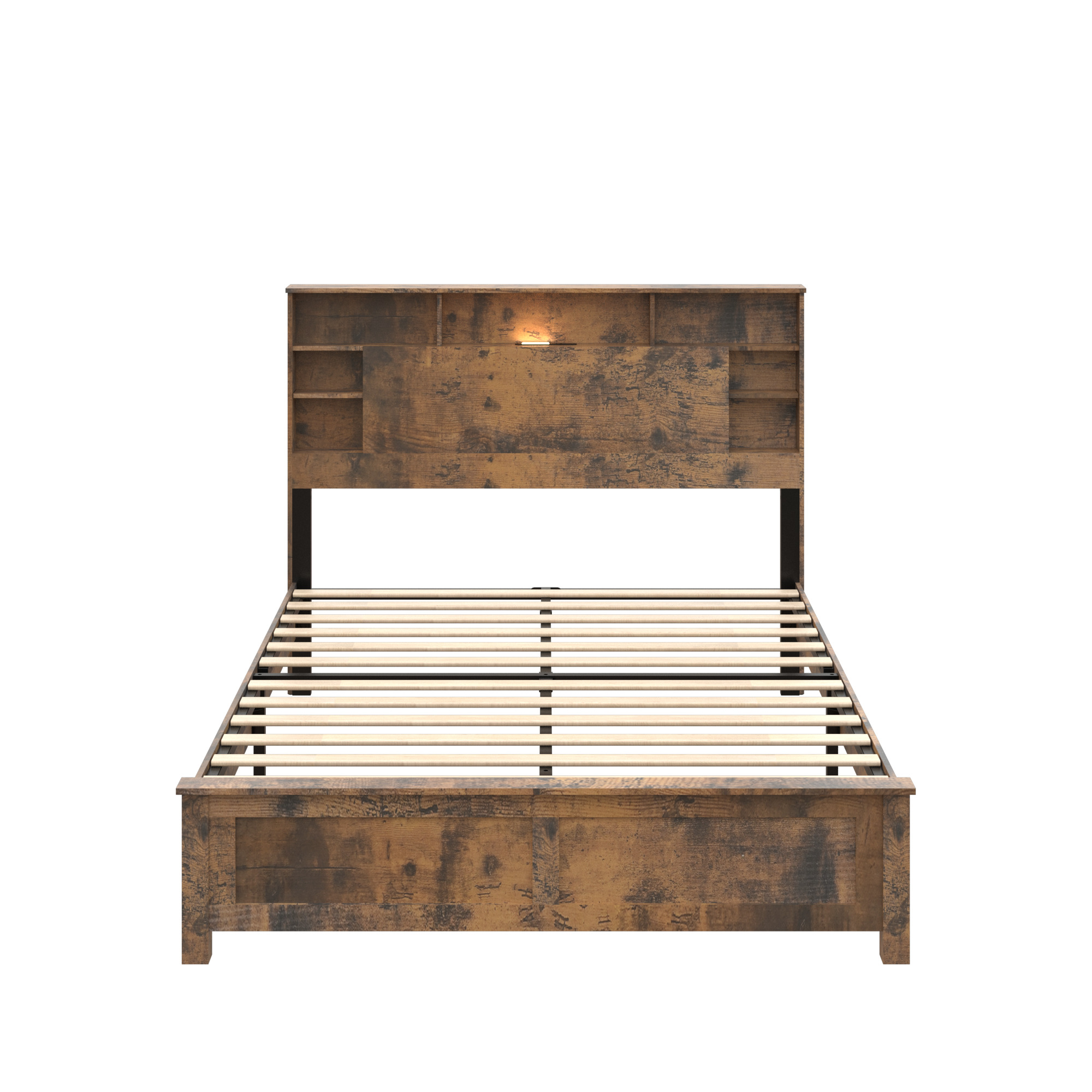Base de Cama de Madera Full con Cabecera Librero, Estación de Carga y LED, Marrón Oscuro