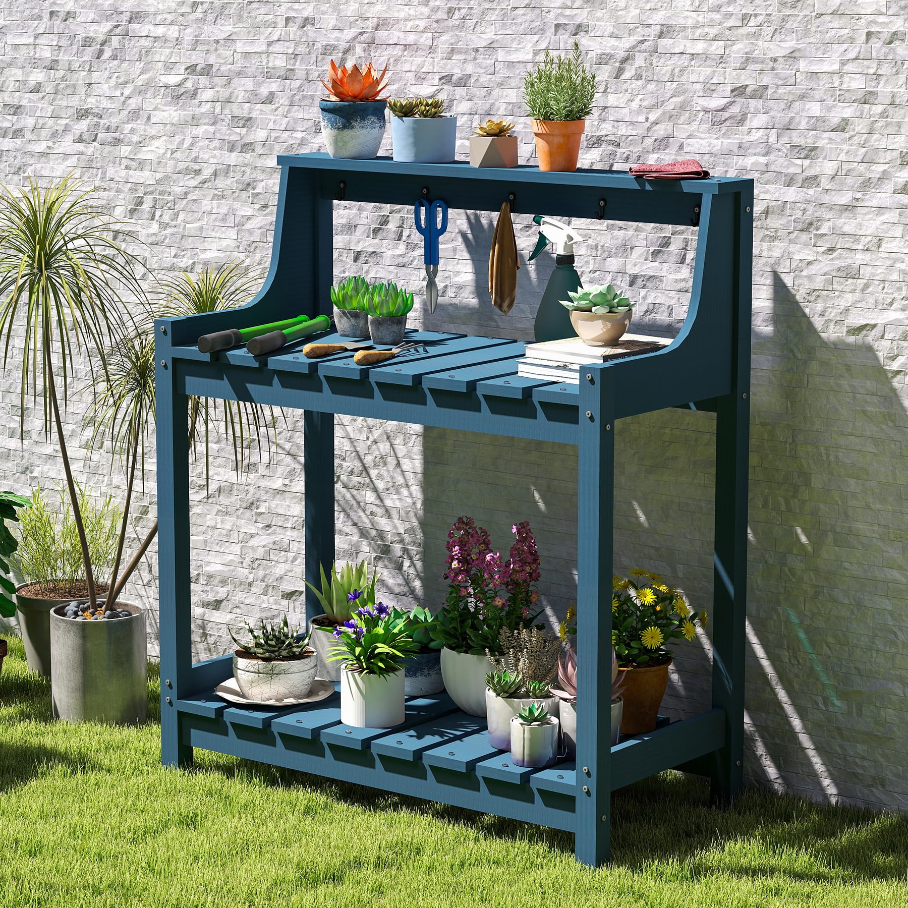 Mesa de trabajo para jardinería de HDPE, para exterior, con almacenamiento, azul