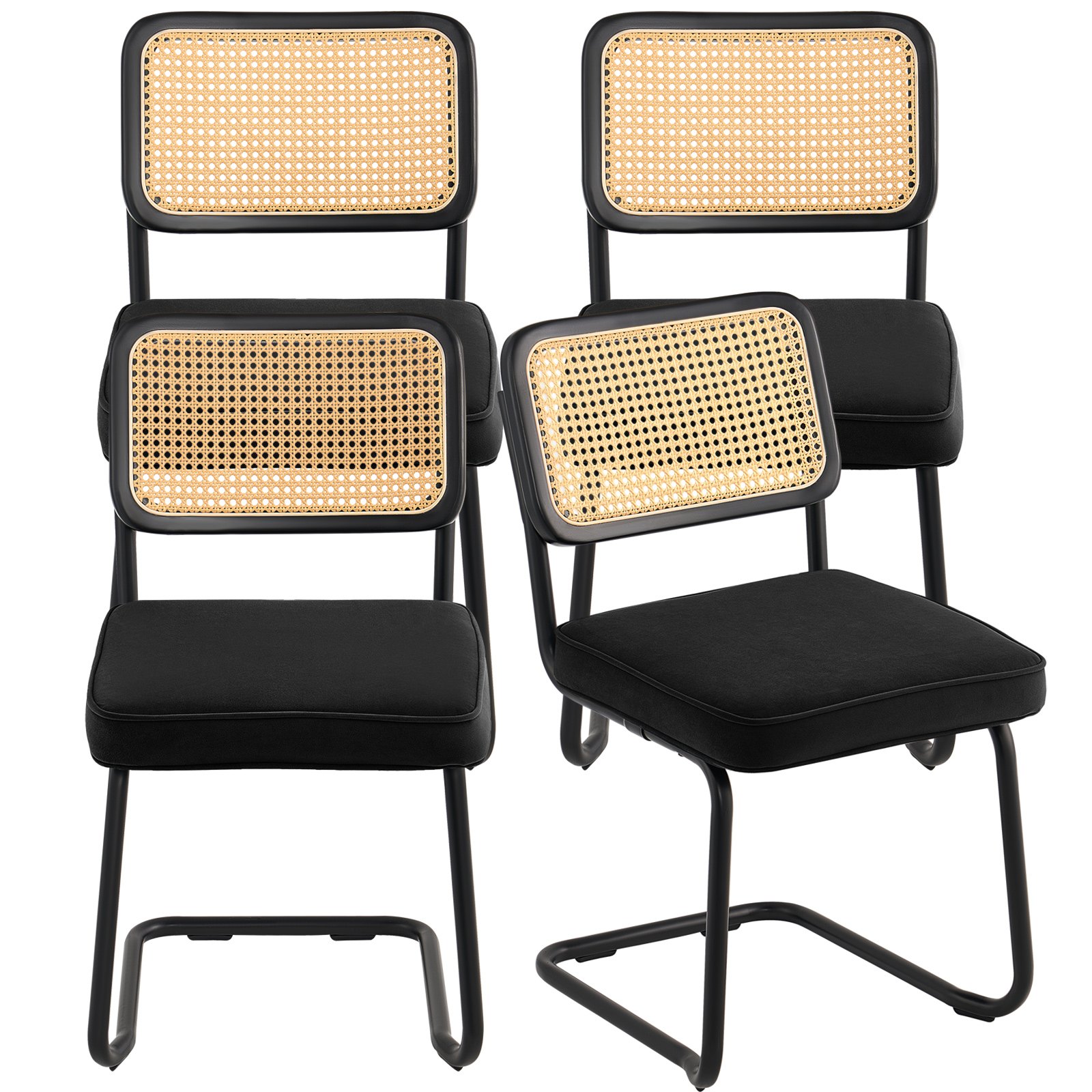 Rattan Dining Chairs Set Of 4, Mid Century Modern Dining Chair, Upholstered Velvet Accent Chair With Rattan Back, Retro Dining Room Kitchen Chair For Living Room, Bedroom, Office (18.1 Inch)