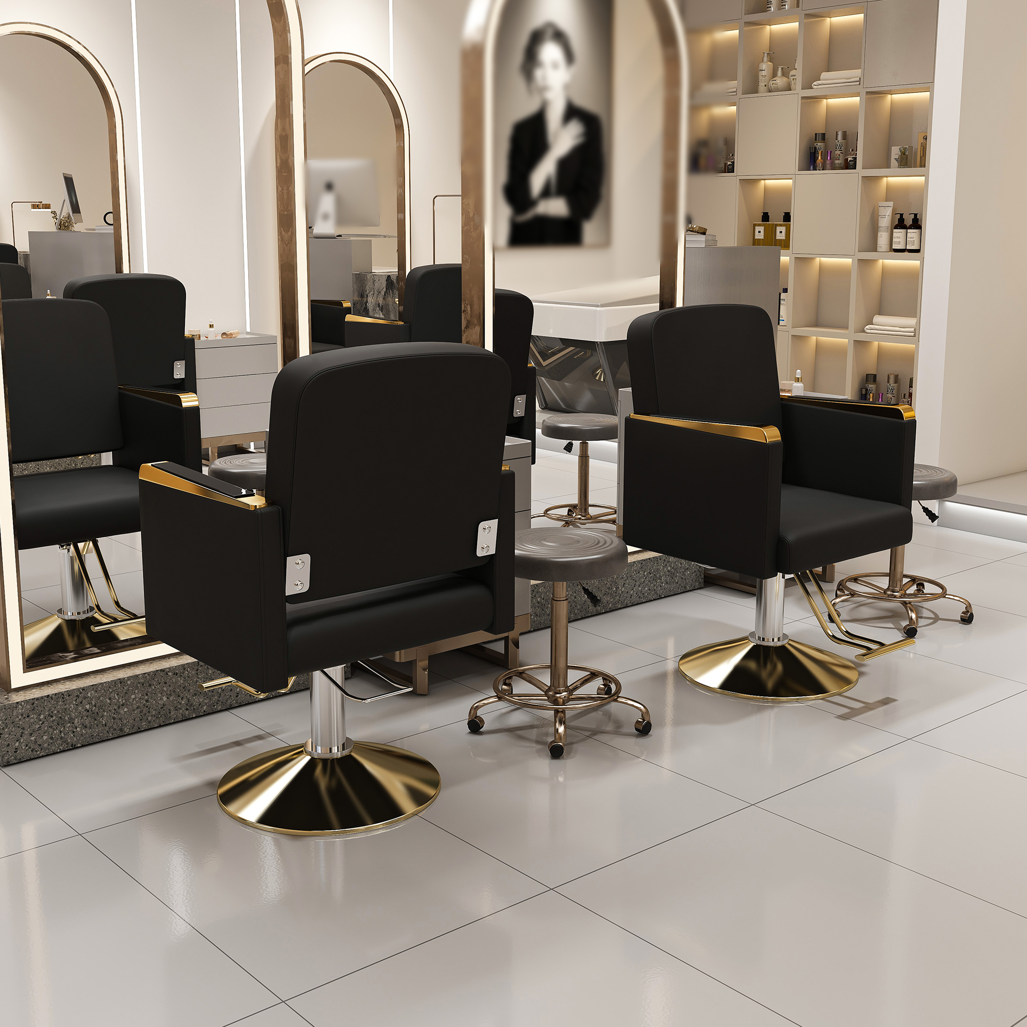 Silla de salón hidráulica giratoria 360°, profesional para barbería, negro y dorado