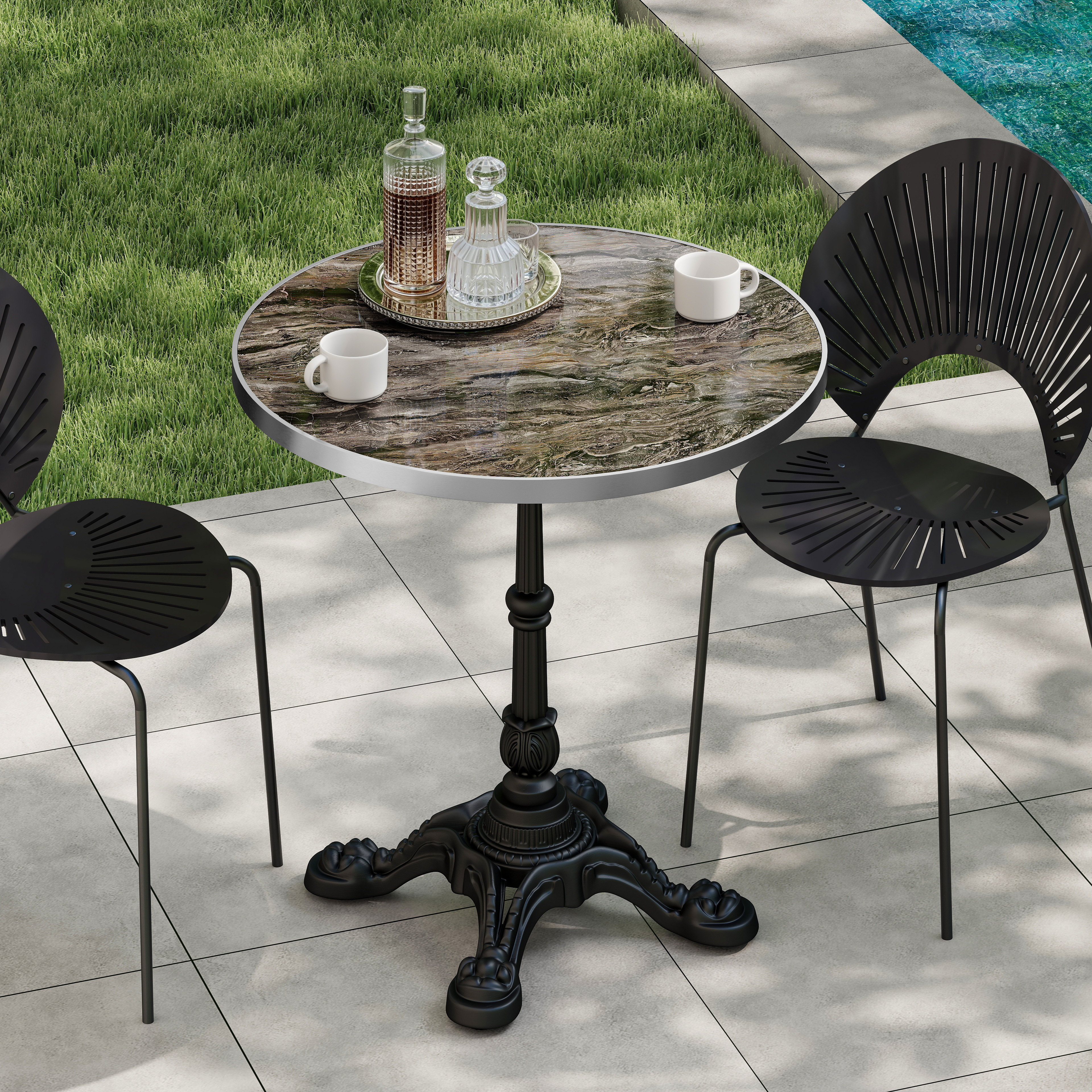 31.5" Round Outdoor Tulip Dining Table, Sintered Stone Tabletop with Luxury Faux Marble Print, Heavy Duty Cast Iron Base, Scratch & Wear Resistant, Waterproof Surface, Ideal for Indoor & Outdoor Use