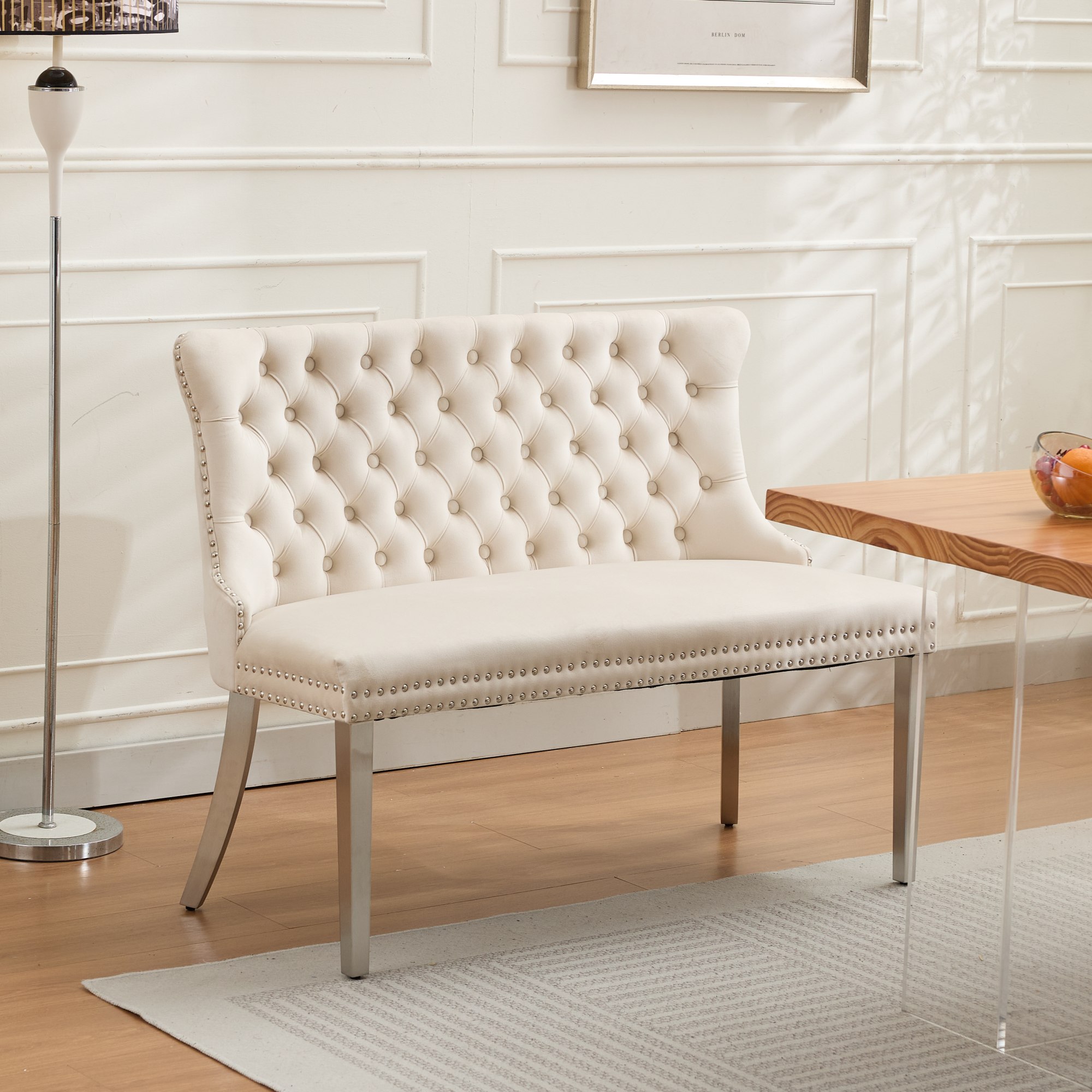 Velvet Double Dining Loveseat Bench, Kitchen & Dining Seating, 2-Seat Tufted Bench W Handmade Buttons, Wing Back, Brushed Silver Stainless Steel Legs, Mid Century Modern,Single Pack,Beige,SW1702BG
